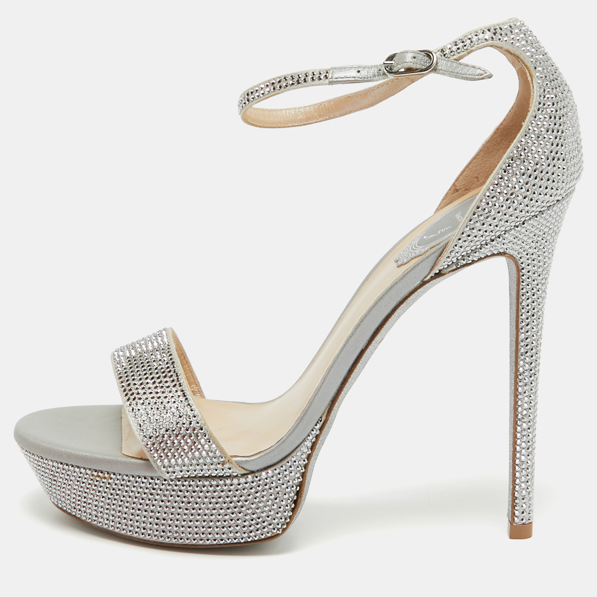 

René Caovilla Grey Crystal Embellished Satin Platform Ankle Strap Sandals Size