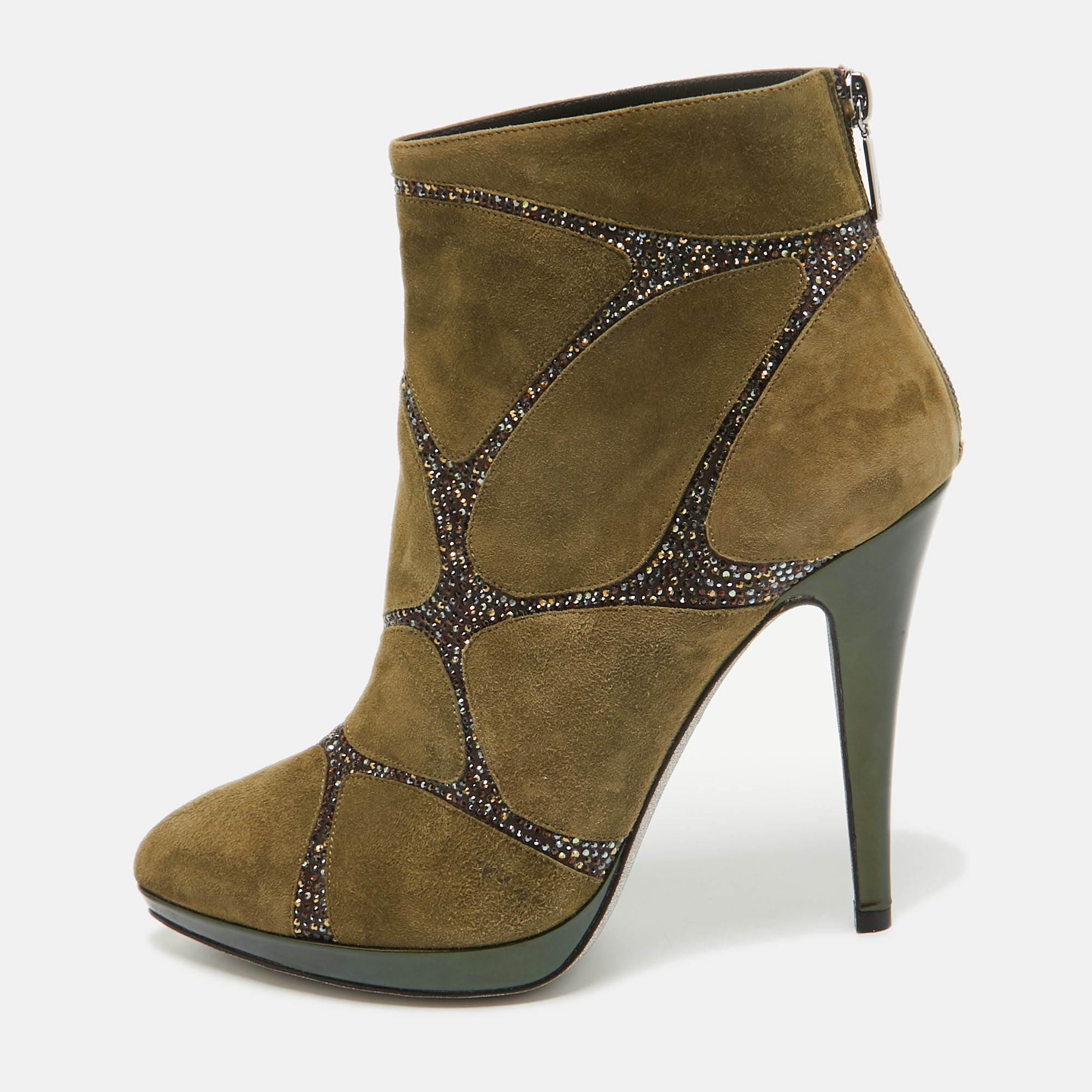 

René Caovilla Green Suede Crystal Embellished Ankle Length Boots Size