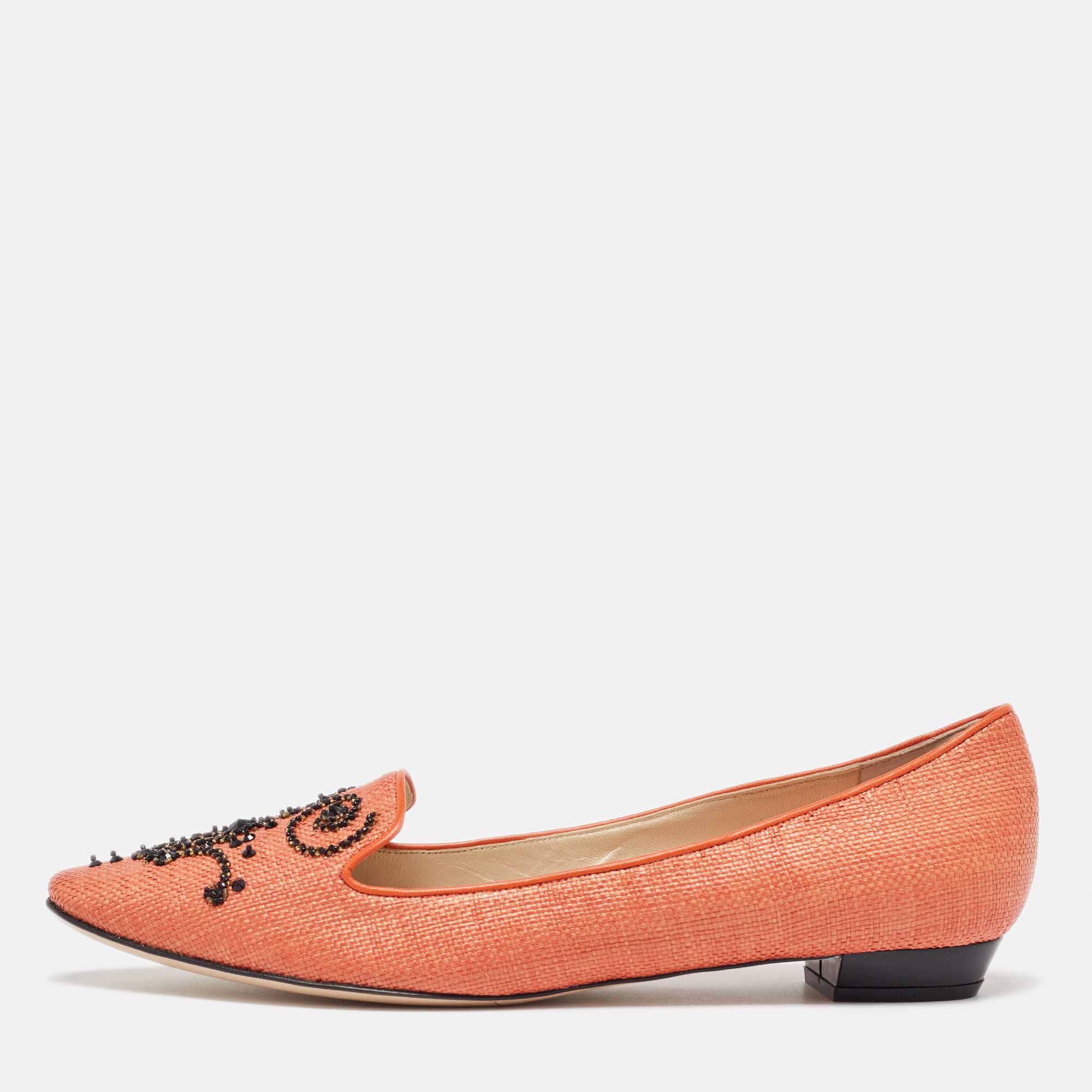 

René Caovilla Orange Raffia Smoking Slippers Size