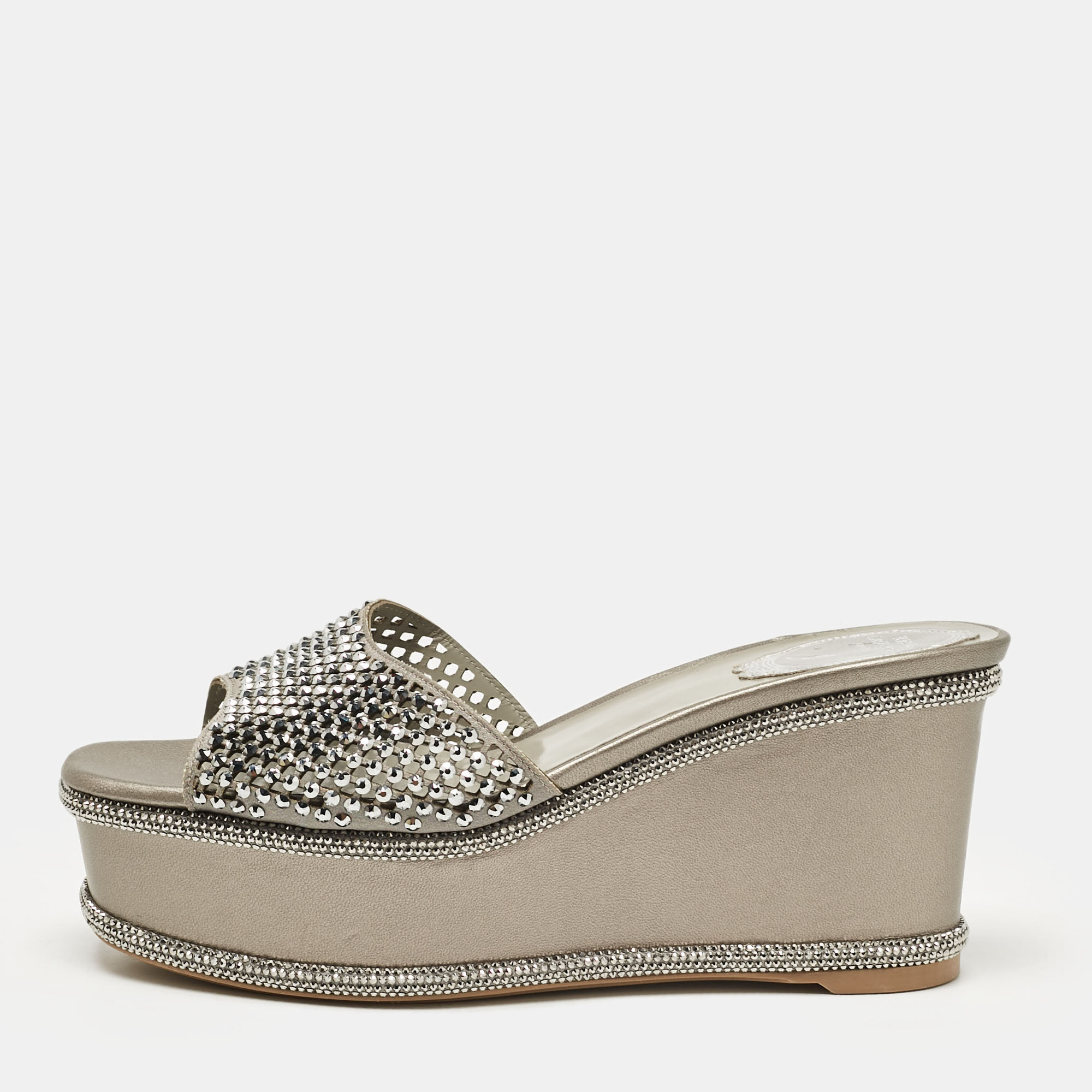 

René Caovilla Grey Leather Crystal Embellished Wedge Sandals Size