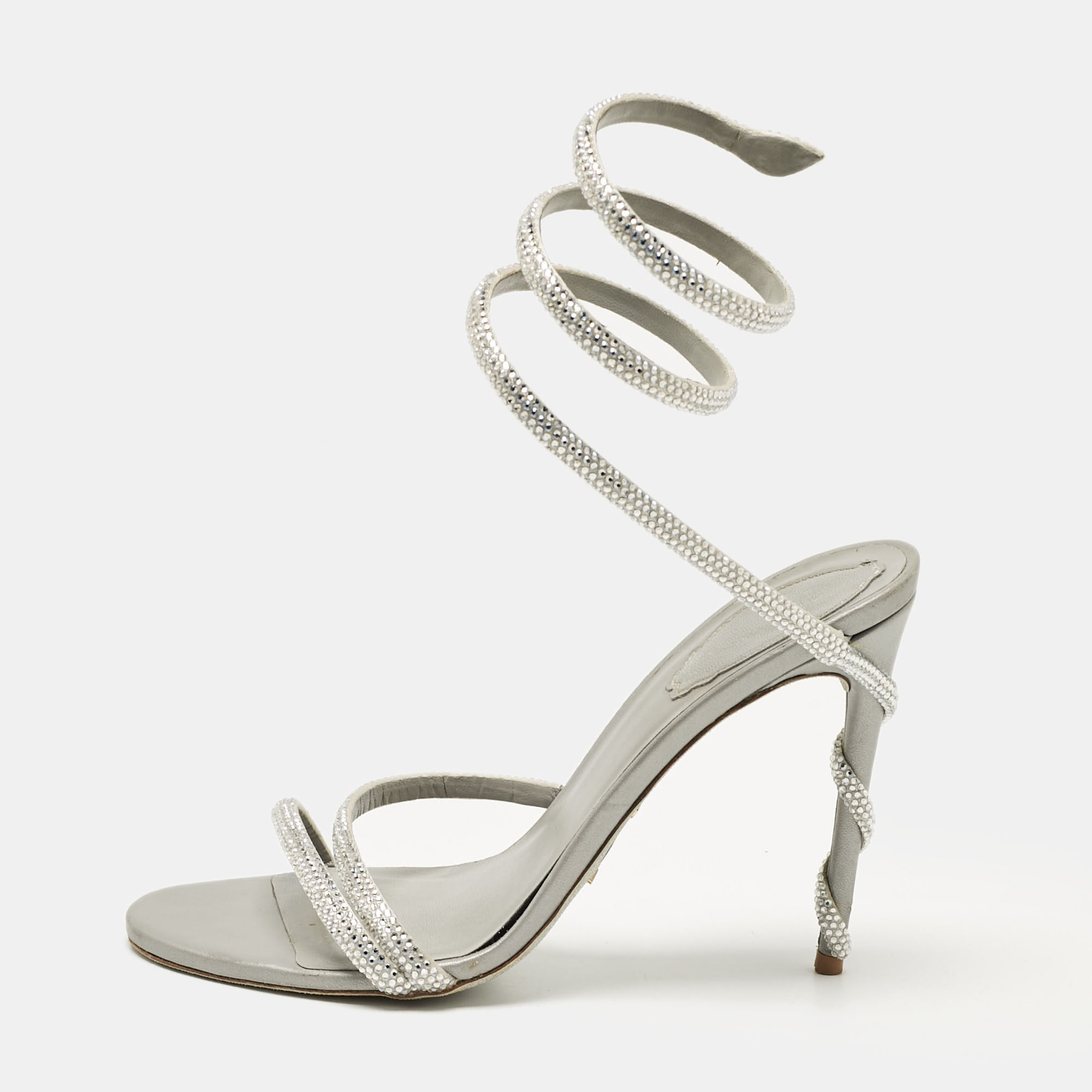 

René Caovilla Silver Leather Cleo Ankle Strap Sandals Size