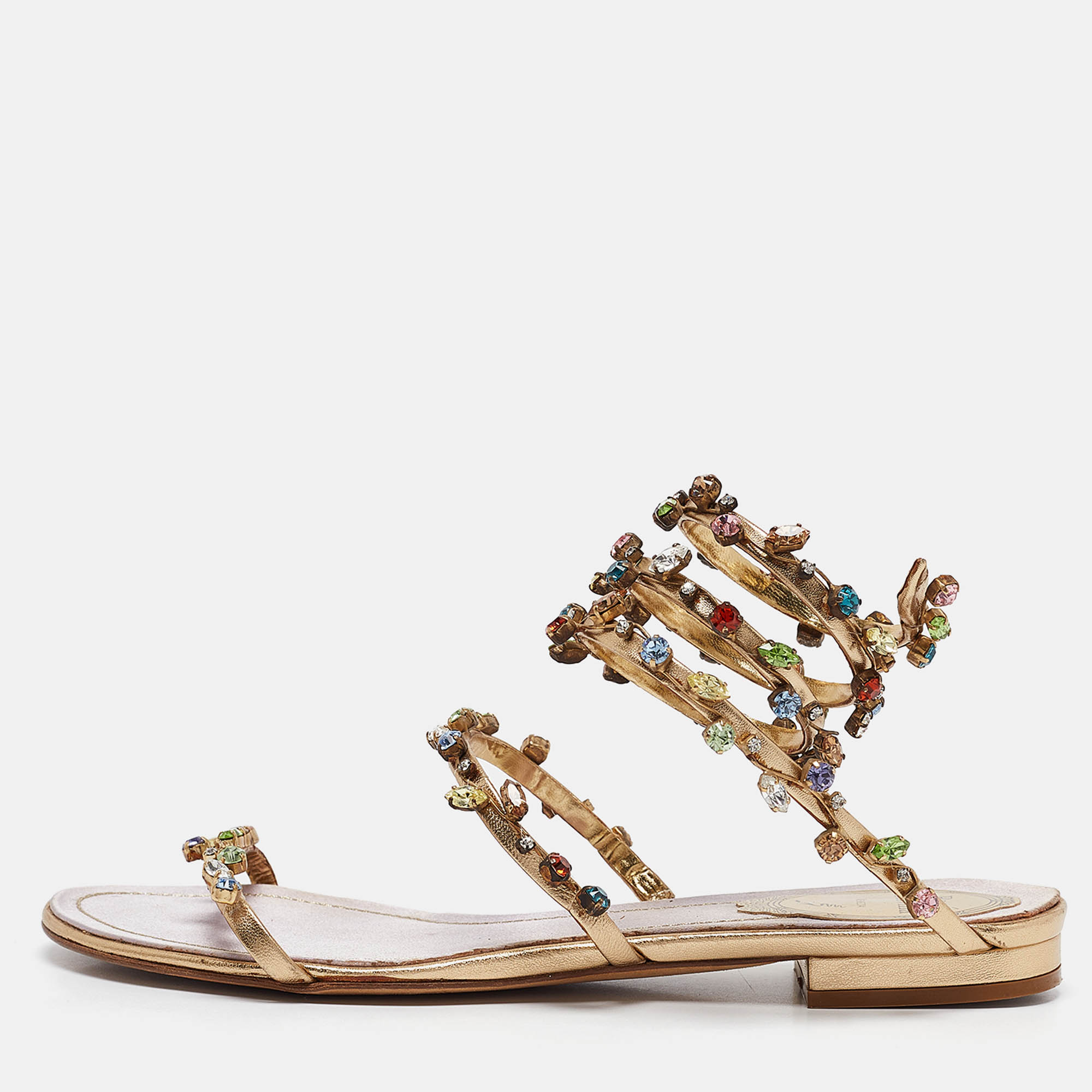 

René Caovilla Gold Leather Crystal Embellished Ankle Strap Sandals Size