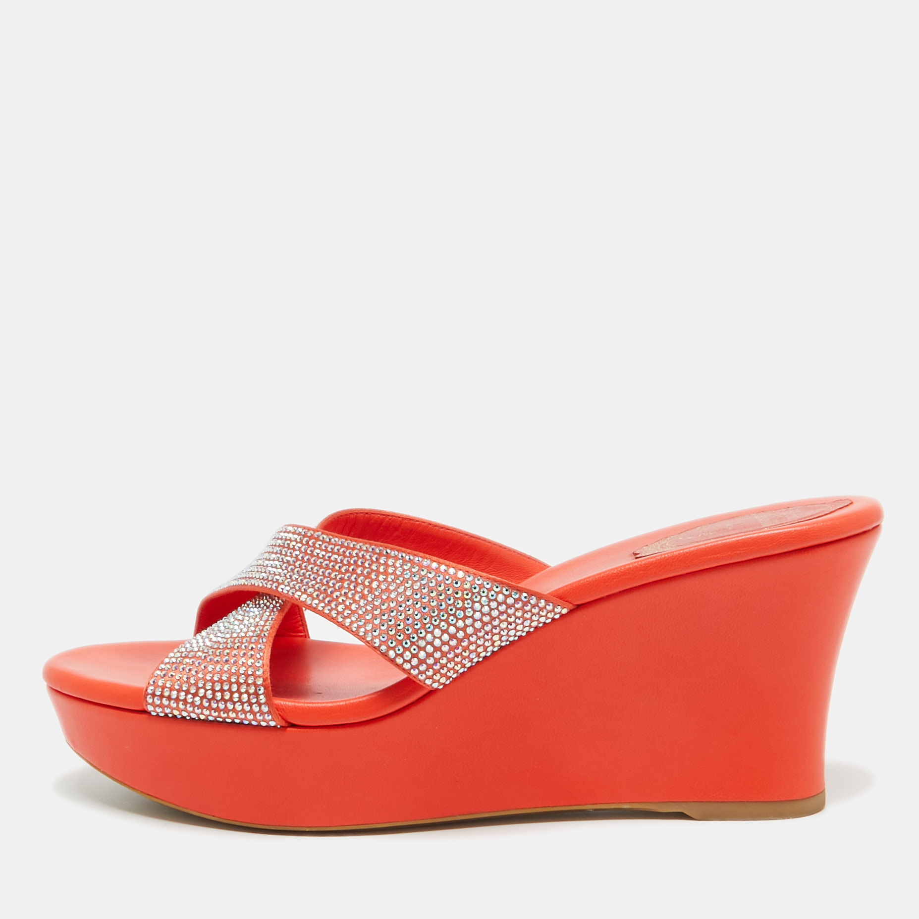 

René Caovilla Orange Satin Crystal Embellished Platform Wedge Sandals Size