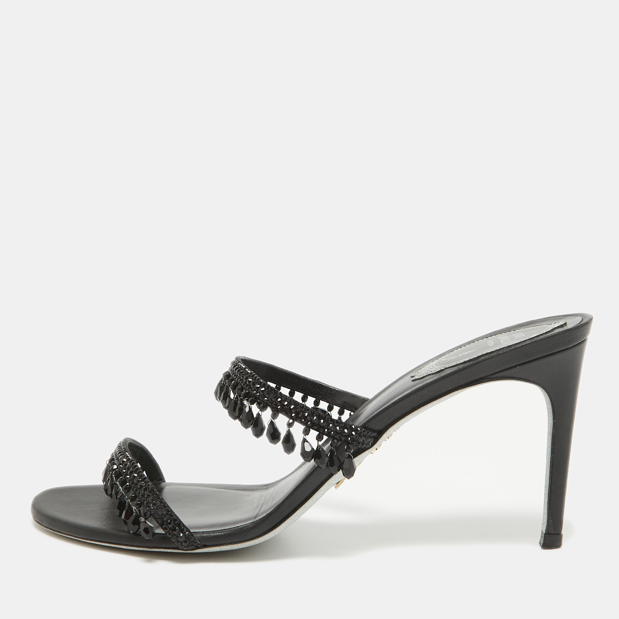 

René Caovilla Black Satin Crystal Embellished Chandelier Slide Sandals Size