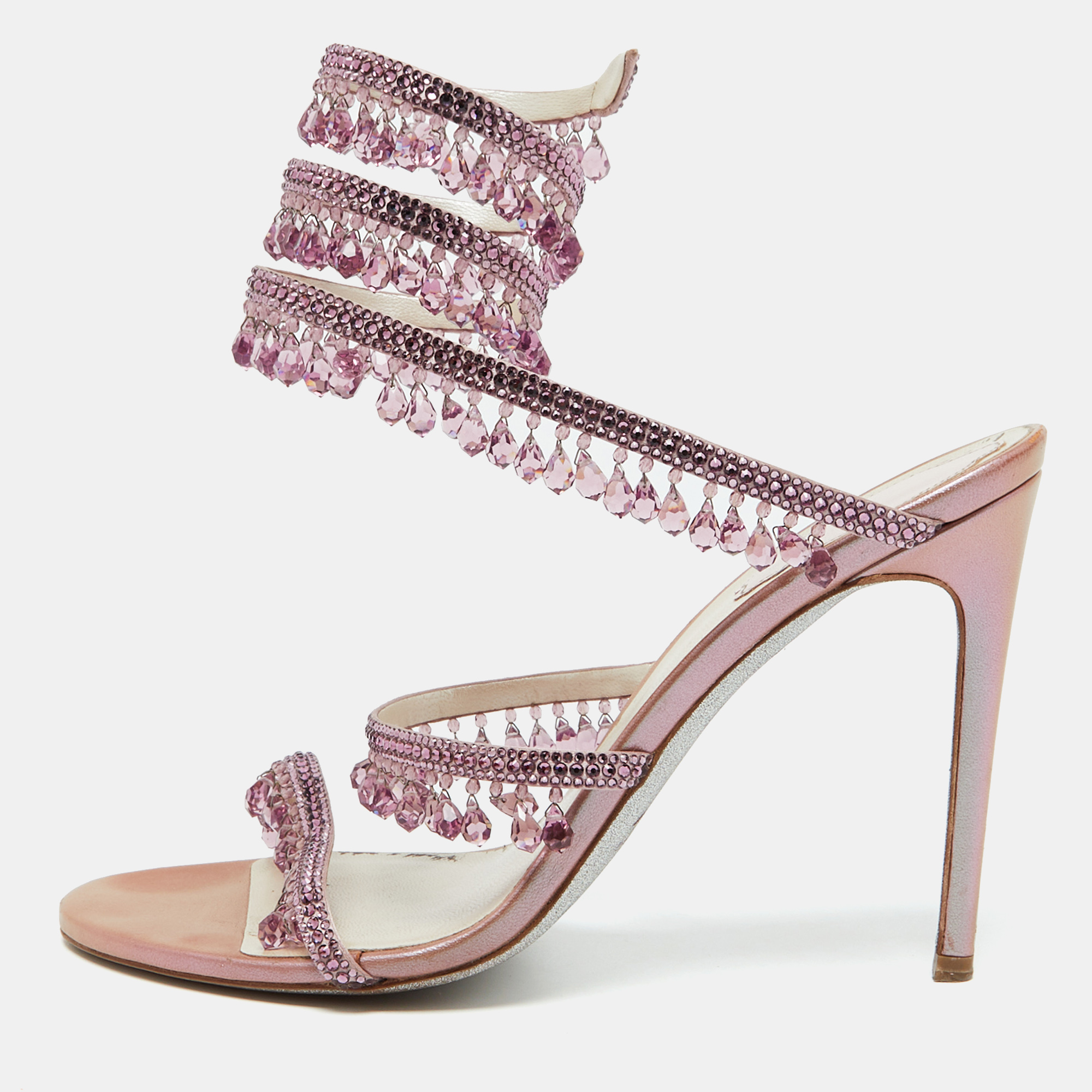 

René Caovilla Pink Satin Crystal Embellished Chandelier Ankle Wrap Sandals Size