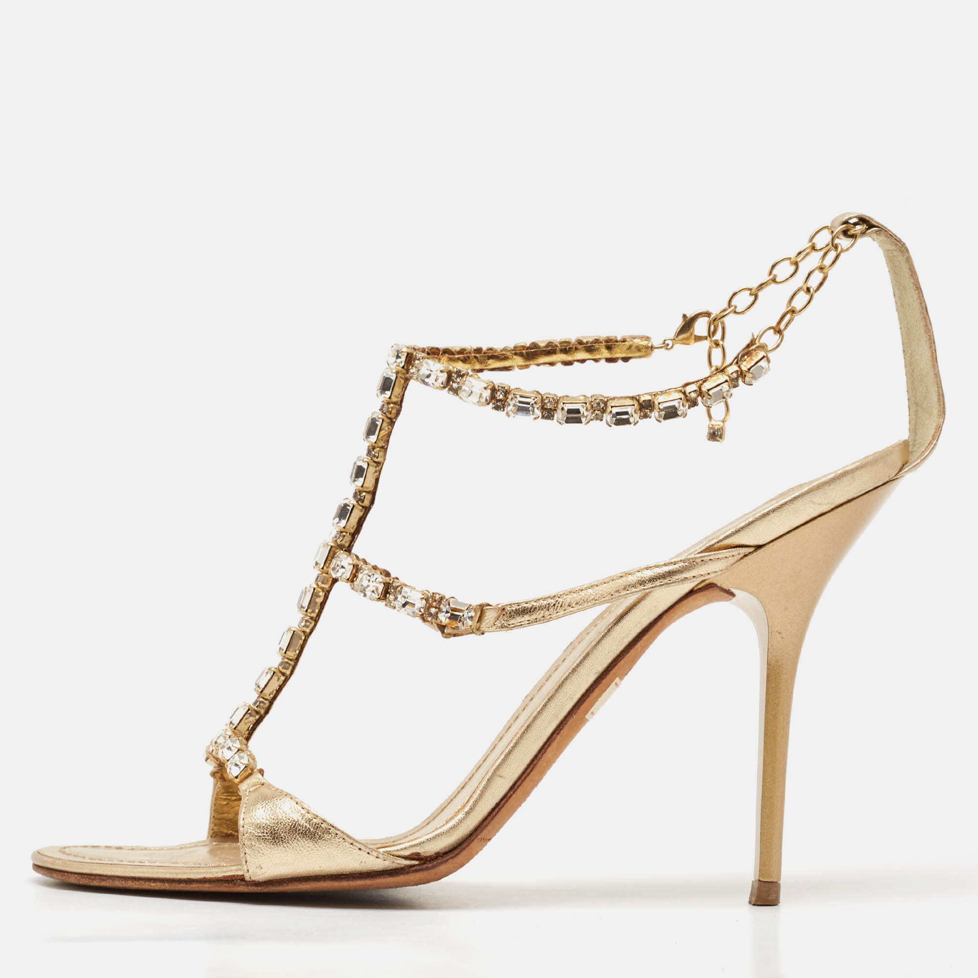 

René Caovilla Gold Leather Crystal Embellished Ankle Strap Sandals Size