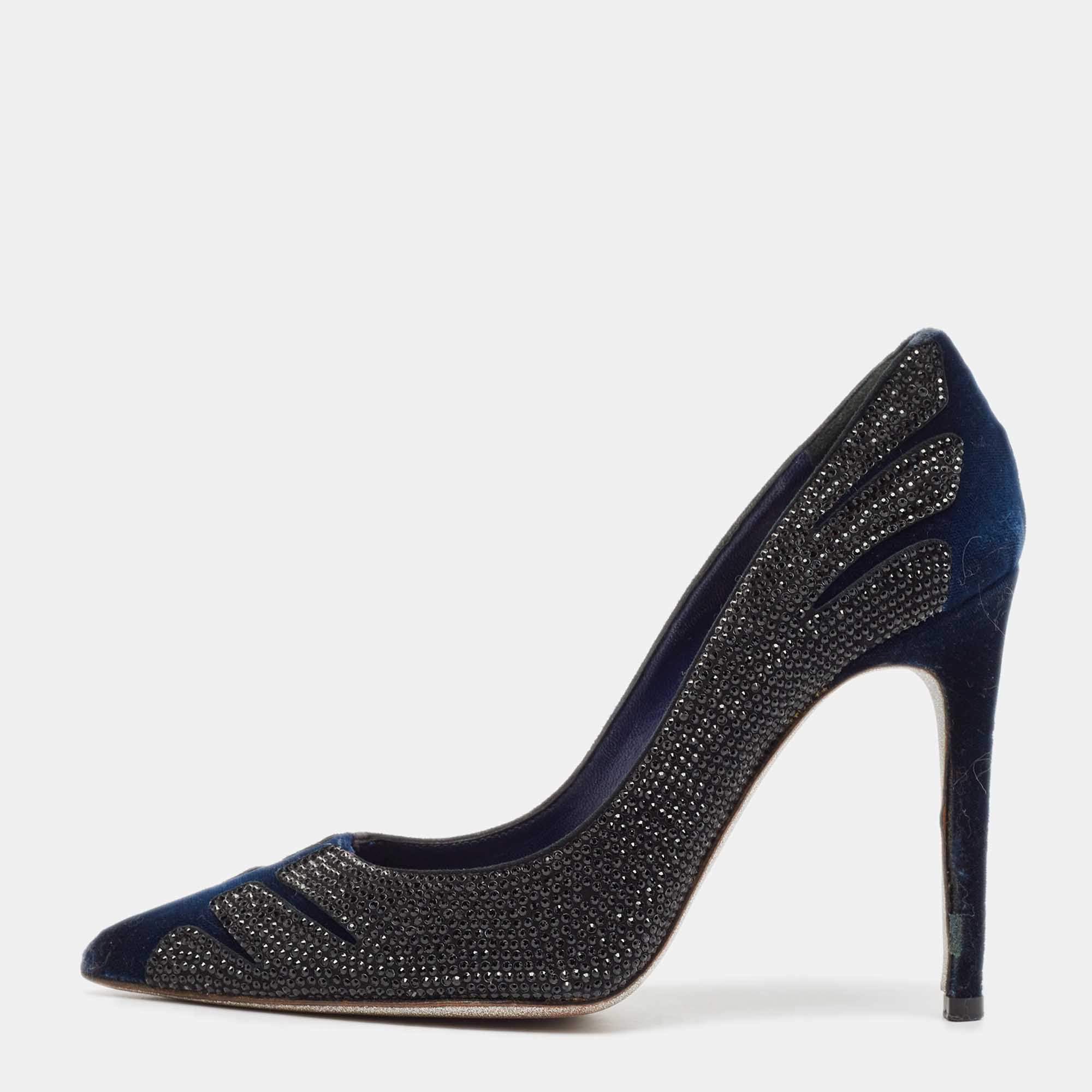 

René Caovilla Blue/Black Velvet Crystal Embellished Pumps Size