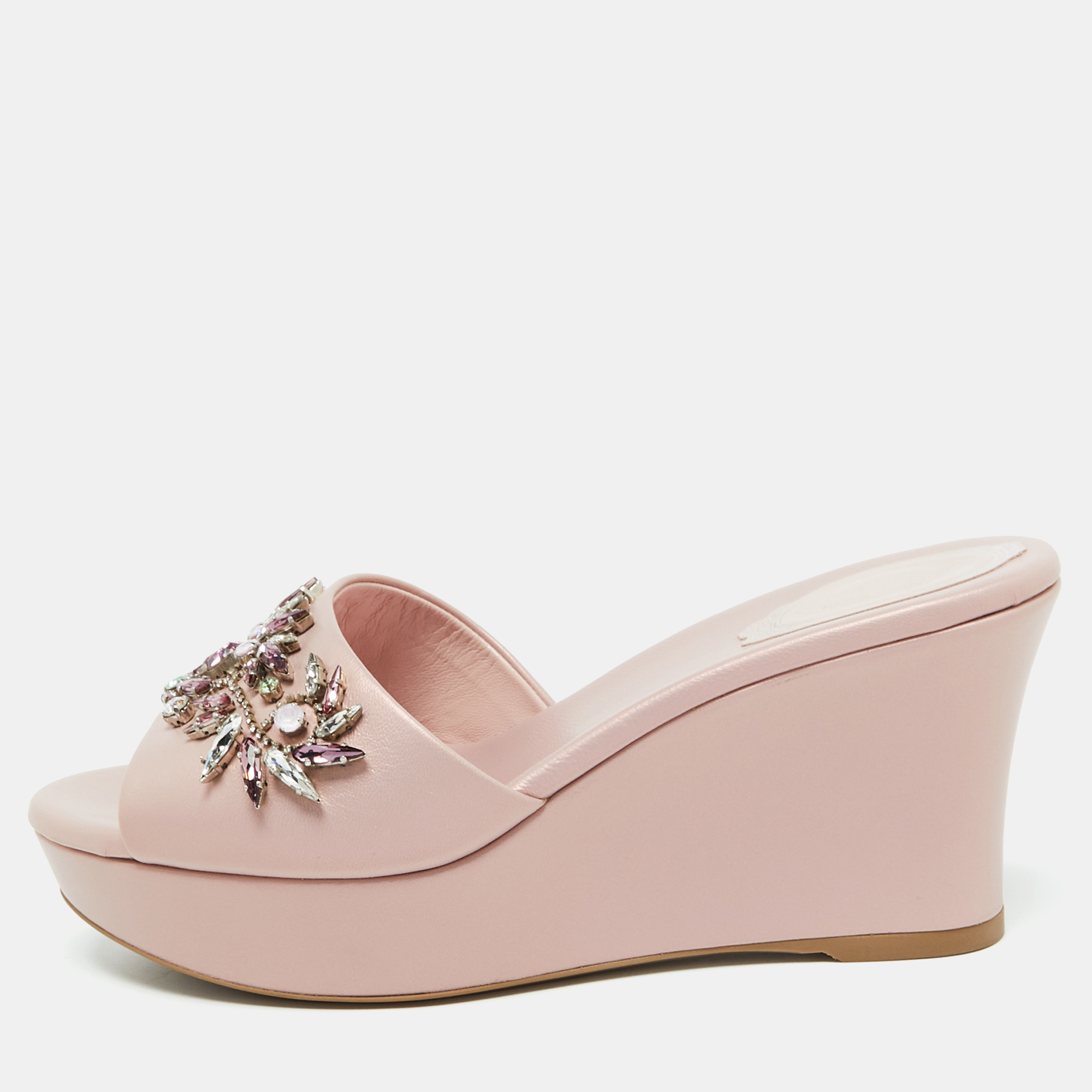 

René Caovilla Pink Leather Crystal Embellished Platform Wedge Sandals Size