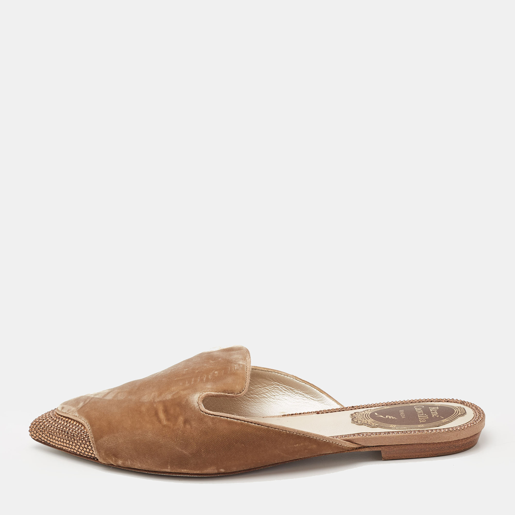 

René Caovilla Brown Velvet Crystal Embellished Flat Mules Size