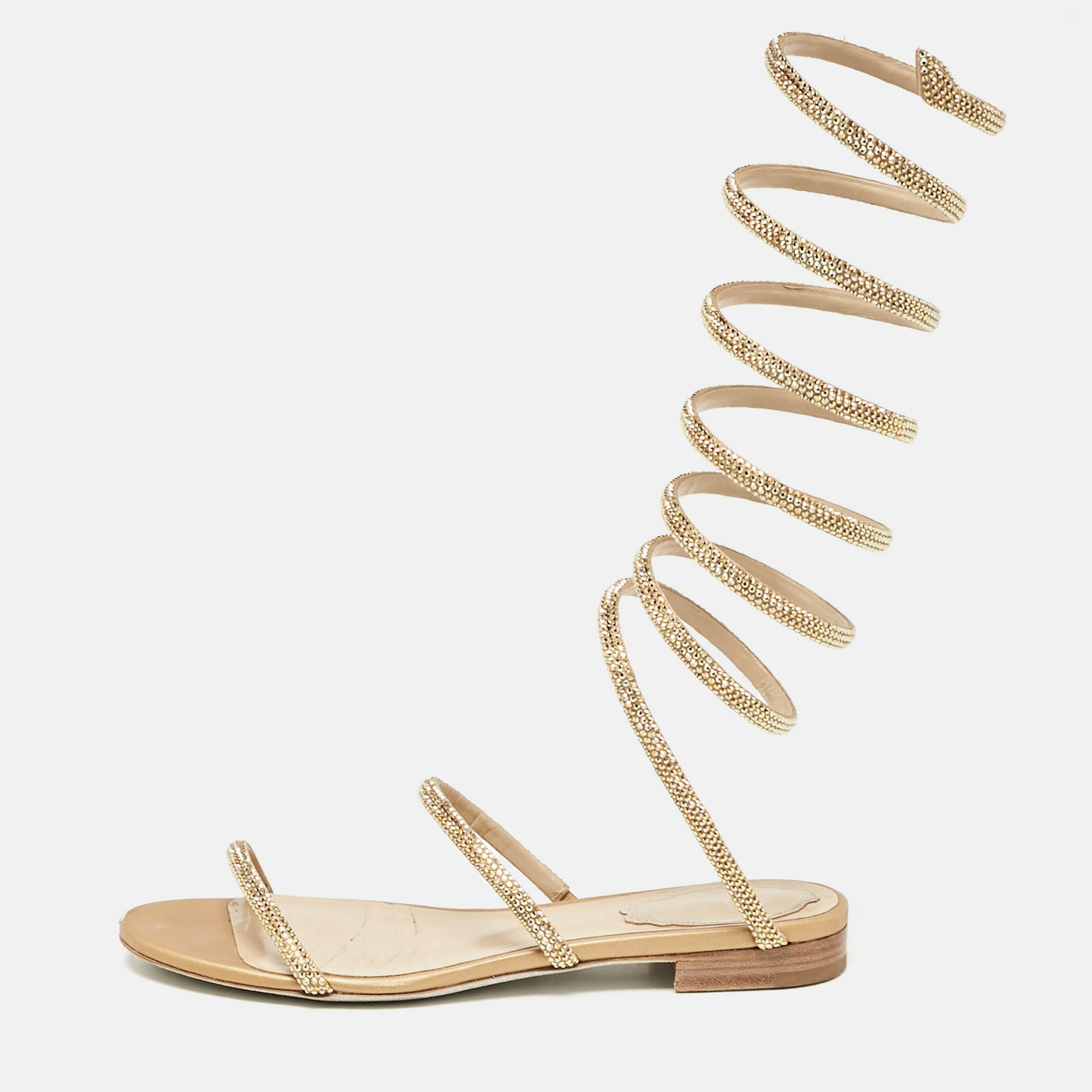 

René Caovilla Beige Satin Cleo Ankle Wrap Flat Sandals Size