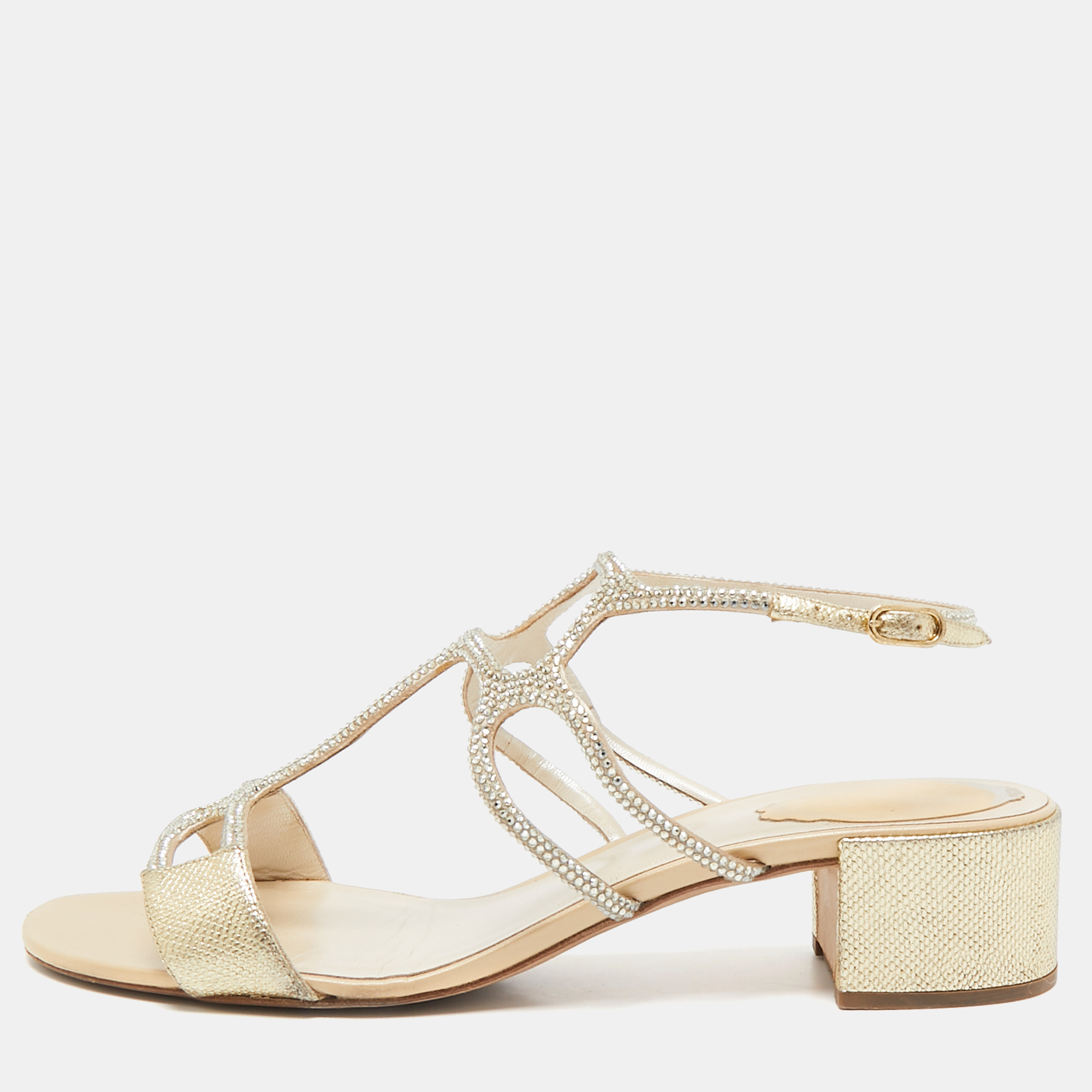 

René Caovilla Gold Leather Crystal Embellished Slingback Sandals Size