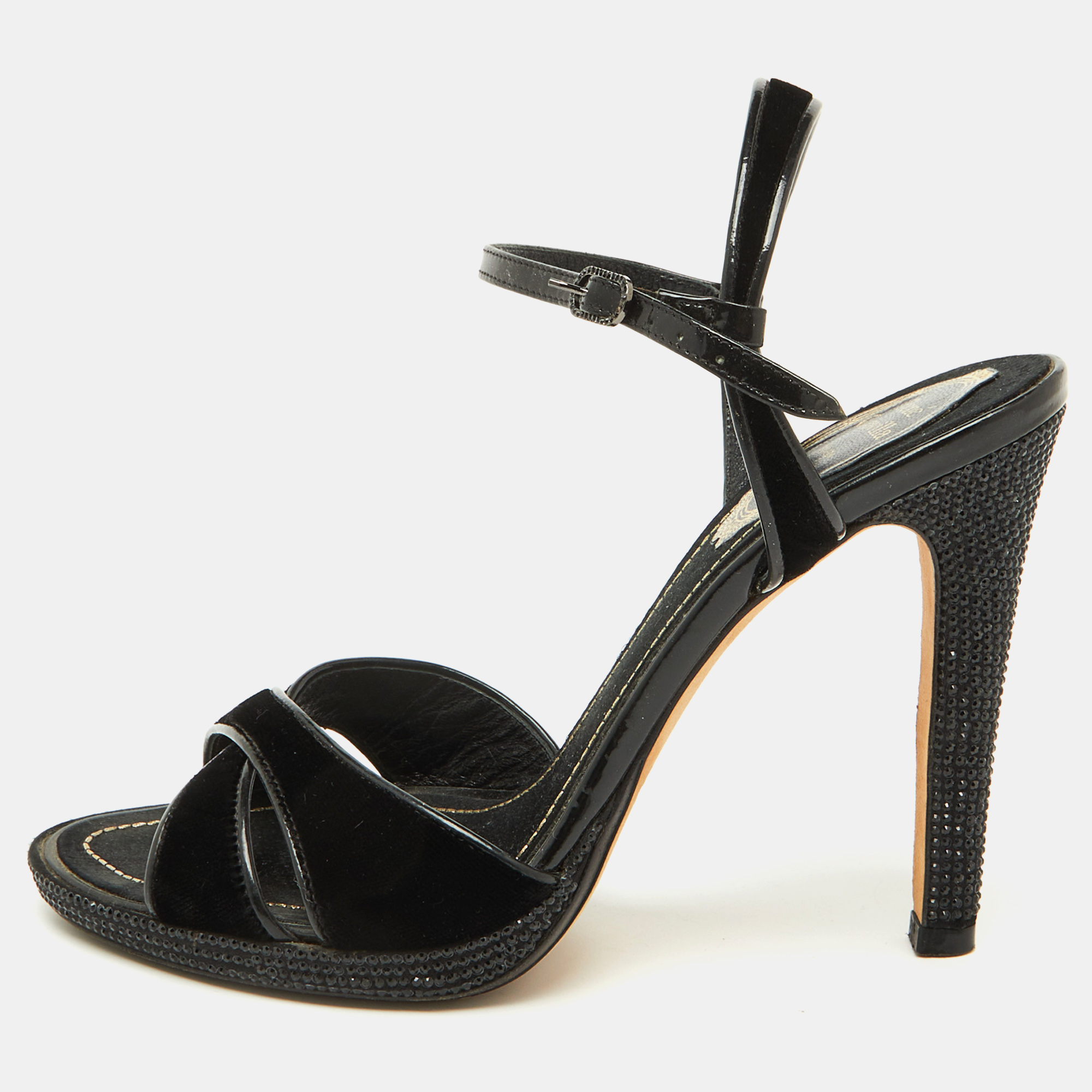 

René Caovilla Black Velvet and Patent Leather Ankle Strap Sandals Size