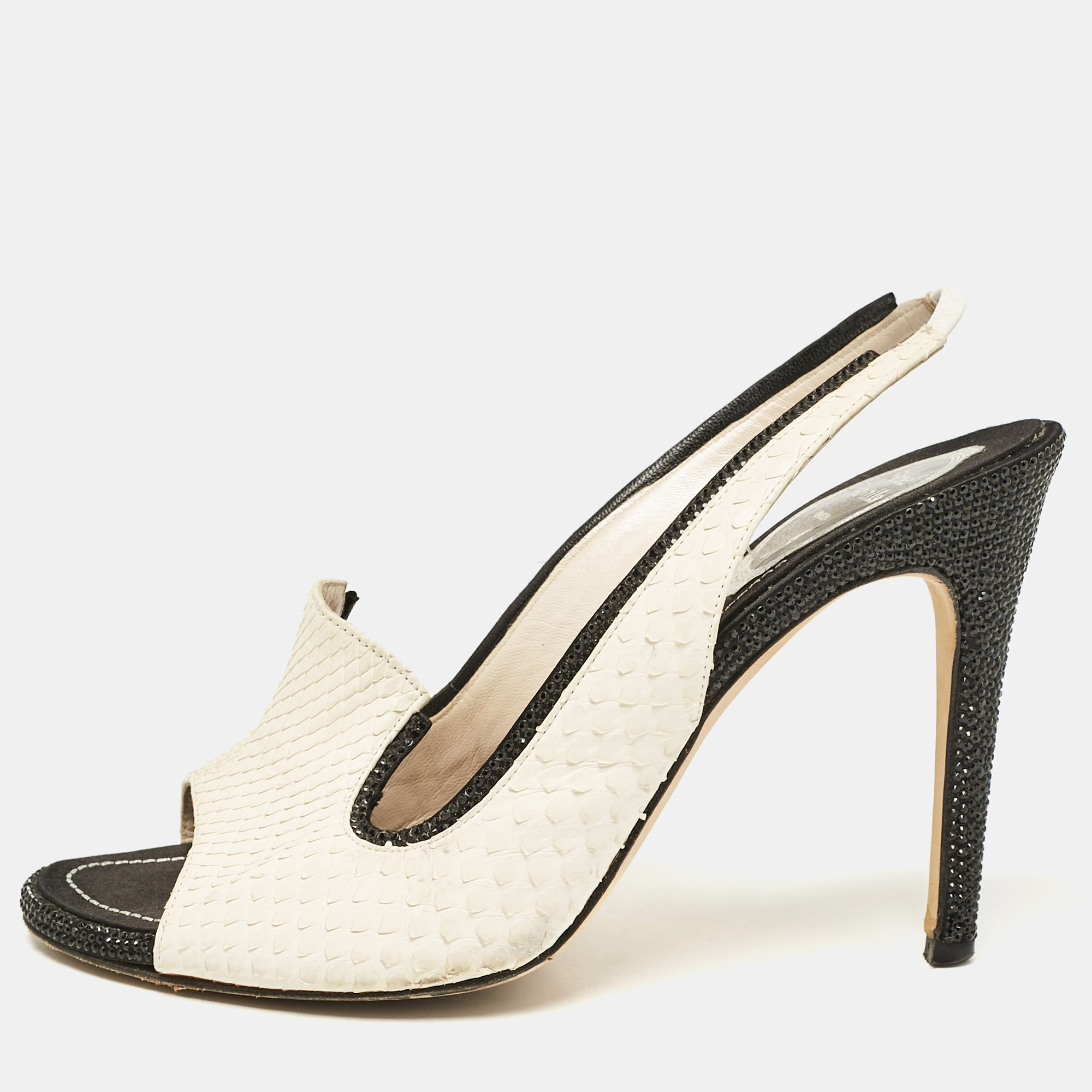 

René Caovilla White Python Crystal Embellished Slingback Sandals Size