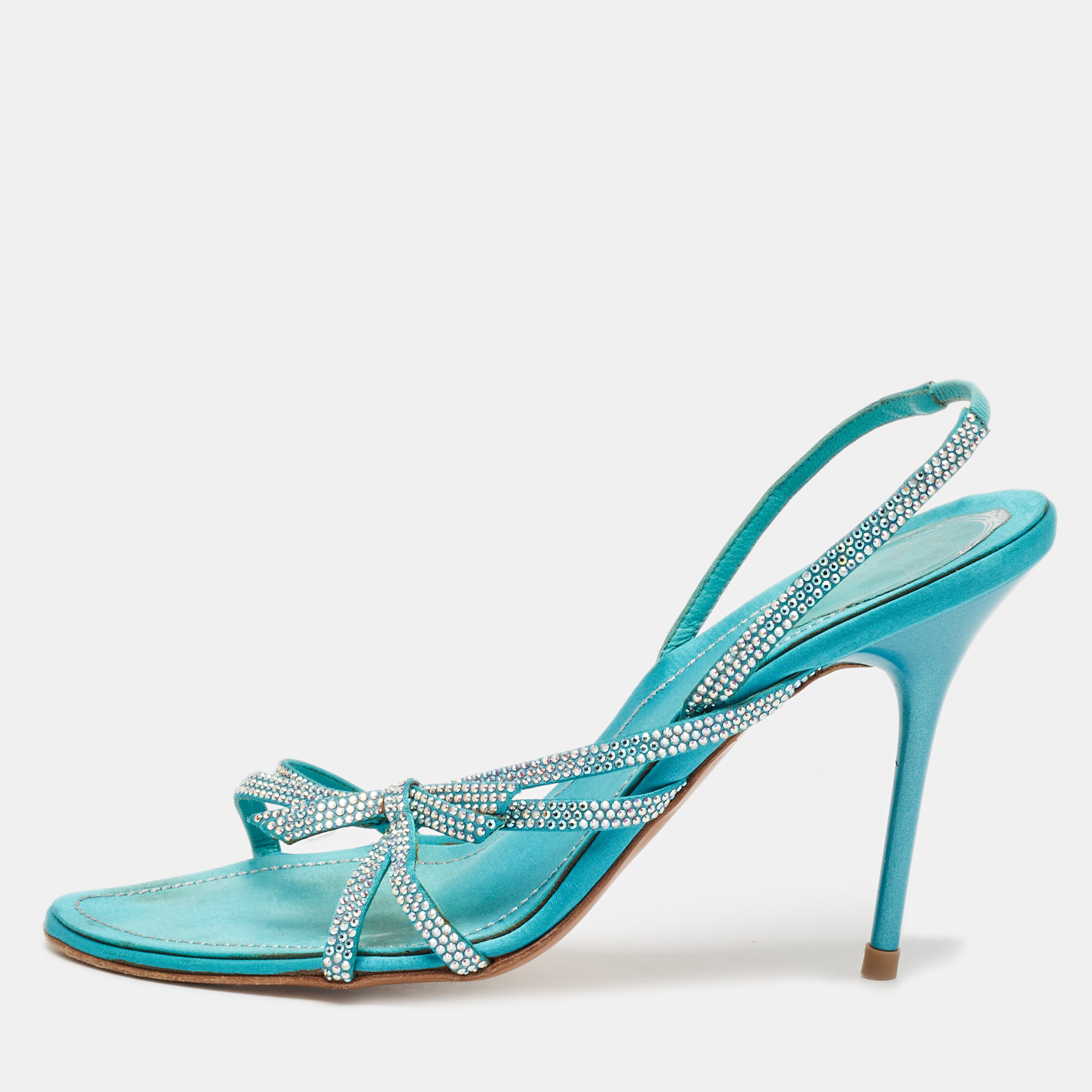 

René Caovilla Blue Satin Crystal Embellished Slingback Sandals Size