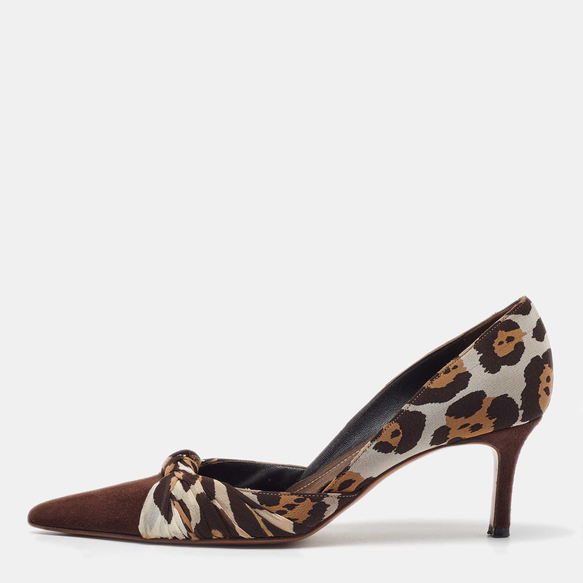 

René Caovilla Brown Leopard Print Fabric and Suede Knotted Pointed Toe Pumps Size