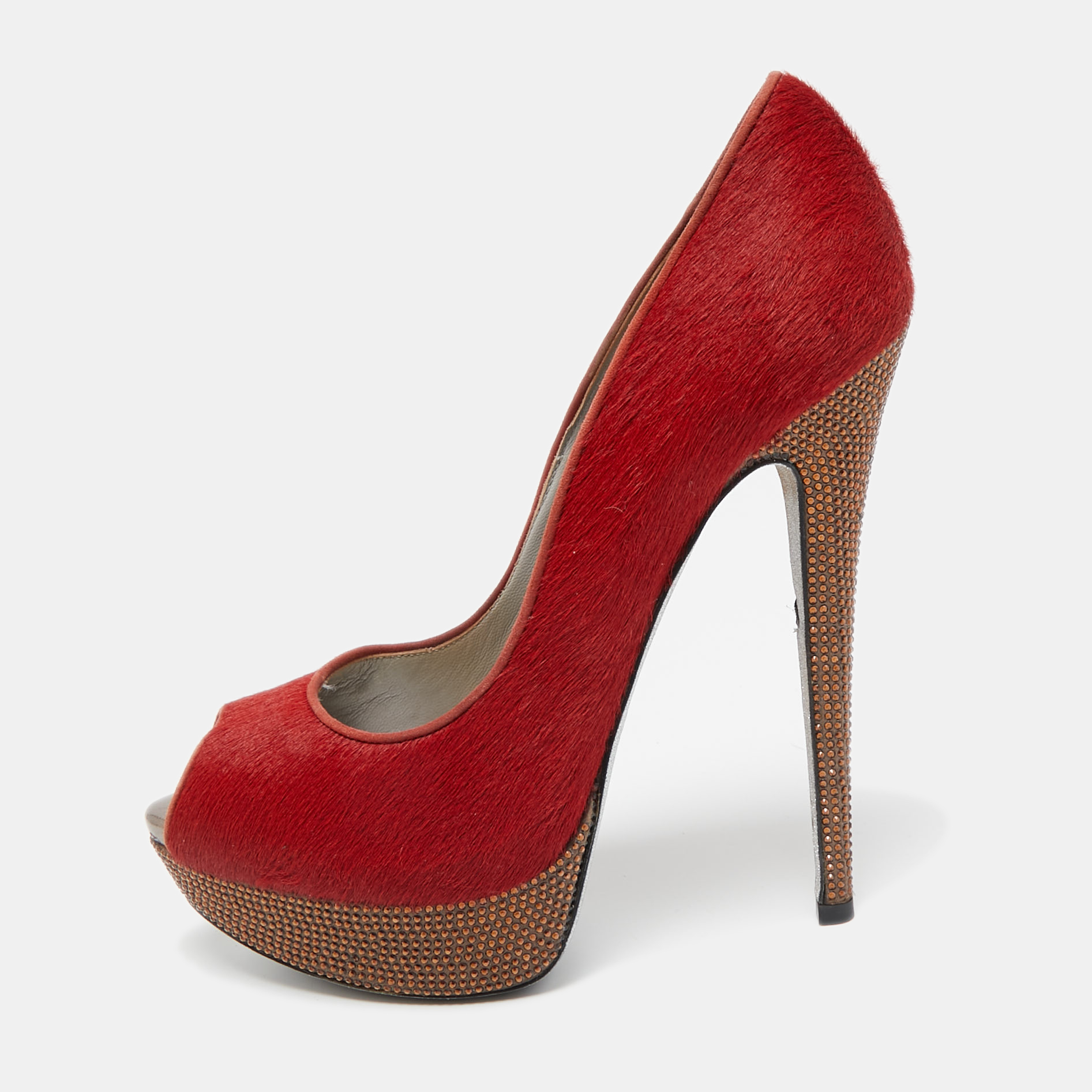 

René Caovilla Red Calf Hair Crystal Embellished Platform Peep Toe Pumps Size