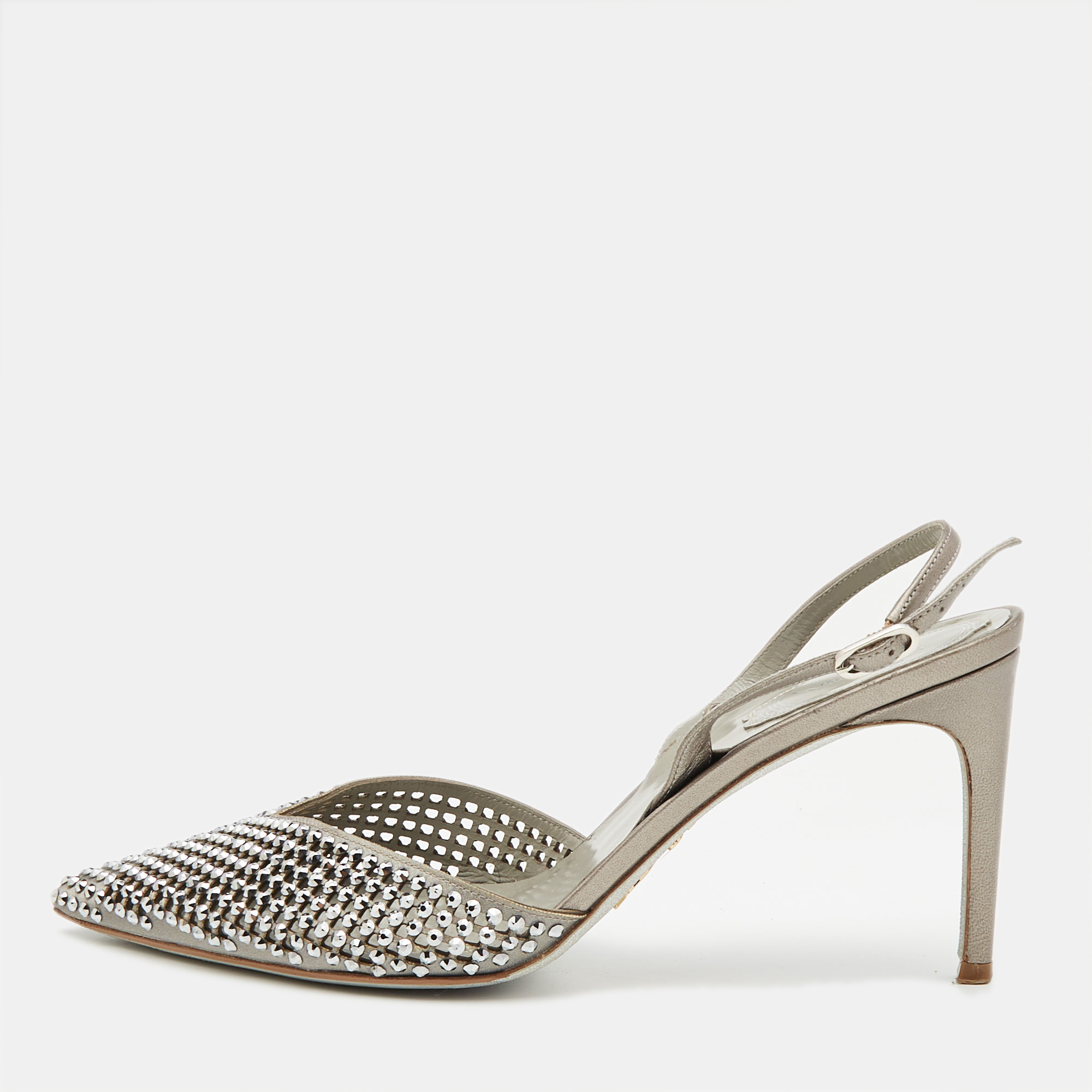 

René Caovilla Silver Satin Crystal Embellished Slingback Pumps Size