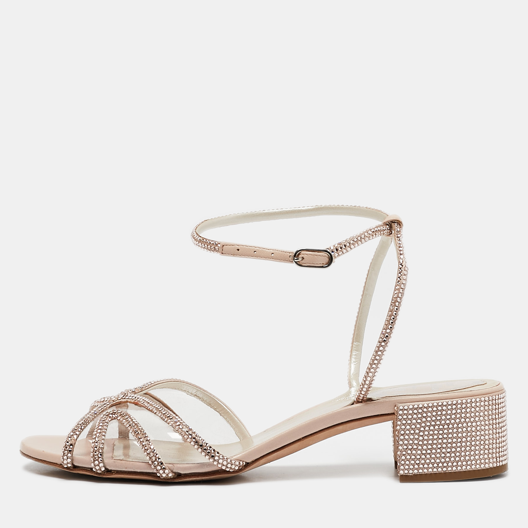 

René Caovilla Metallic Beige PVC and Leather Crystal Embellished Ankle Wrap Sandals Size