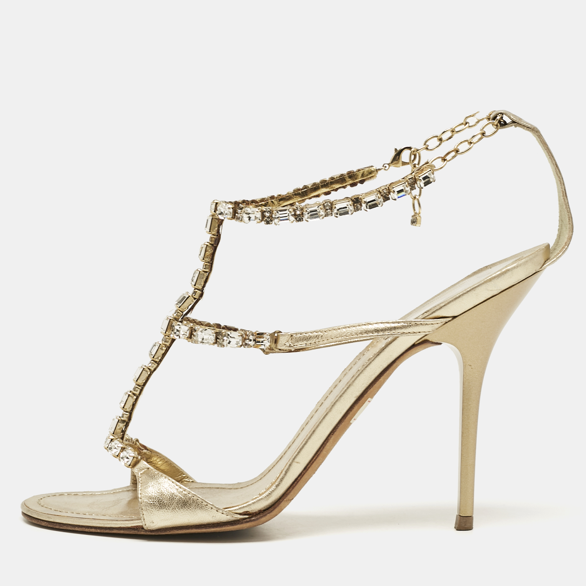 

René Caovilla Gold Leather Crystal Embellished Ankle Strap Sandals Size