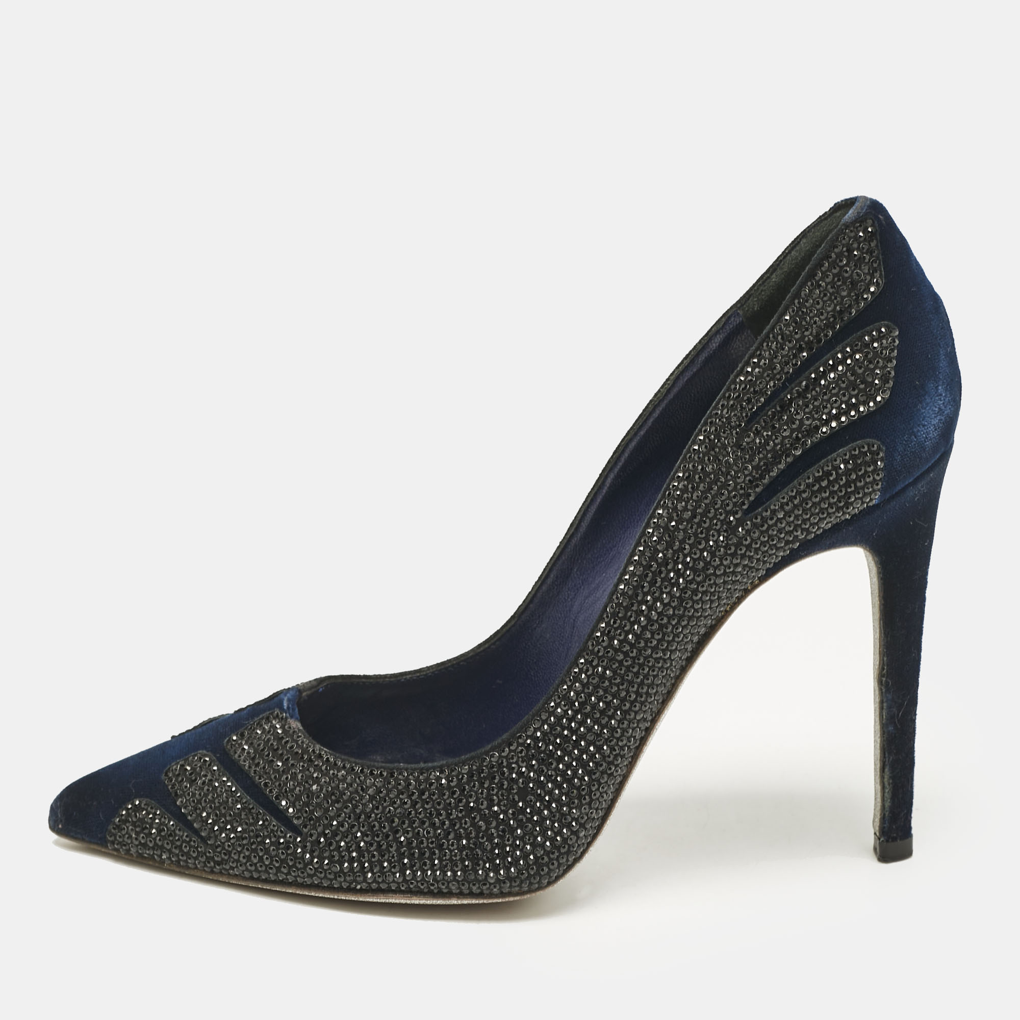 

René Caovilla Blue Velvet Crystal Embellished Pointed Toe Pumps Size