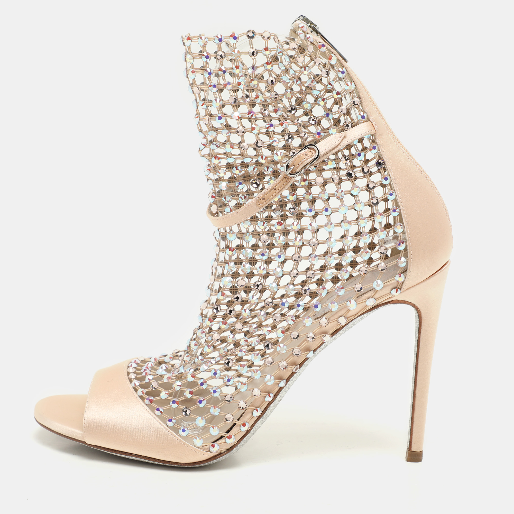 Pre-owned René Caovilla Rene Caovilla Beige Satin And Crystal Embellished Mesh Galaxia Sandals Size 37