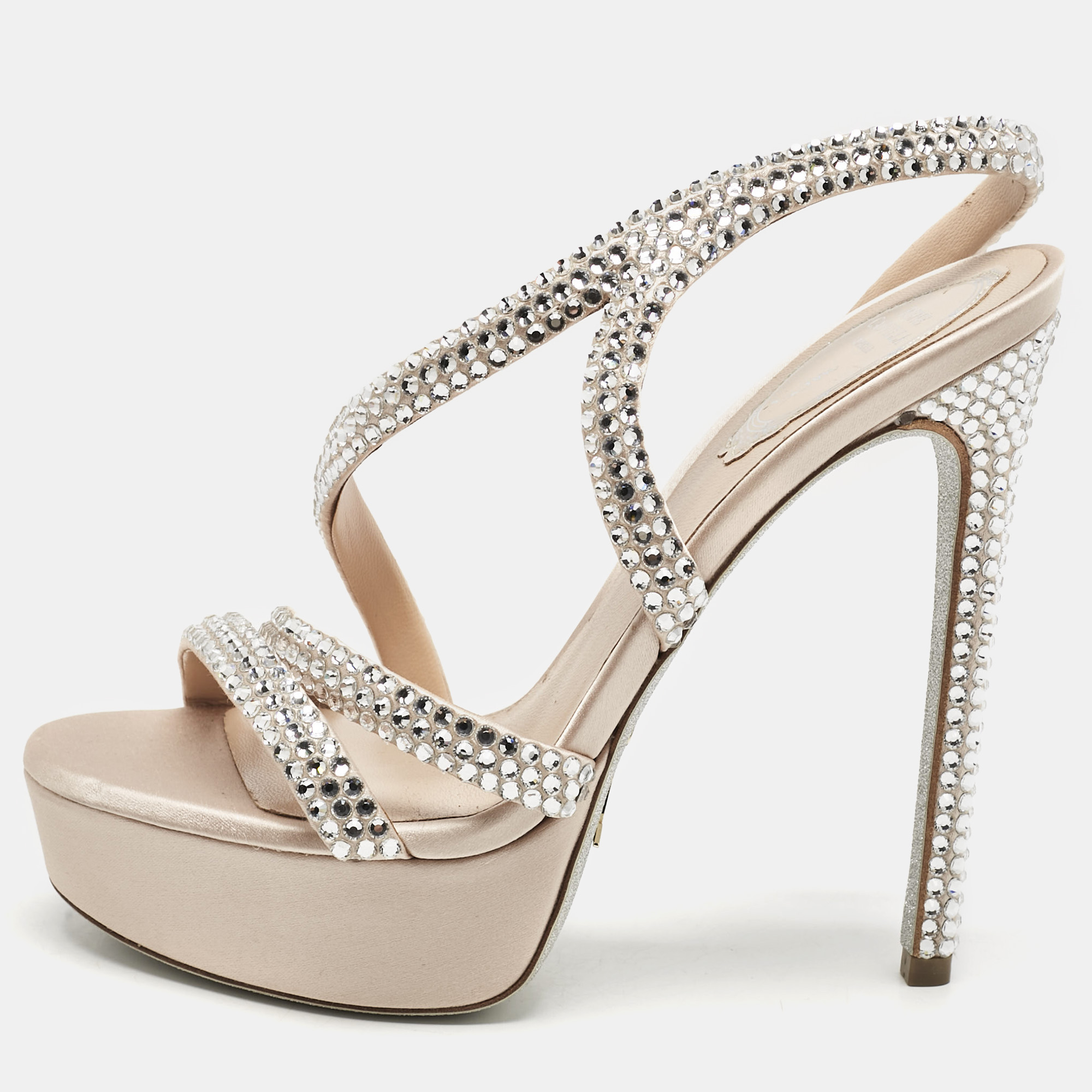 Pre-owned René Caovilla Beige Satin Lisa Crystals Platform Sandals Size 37