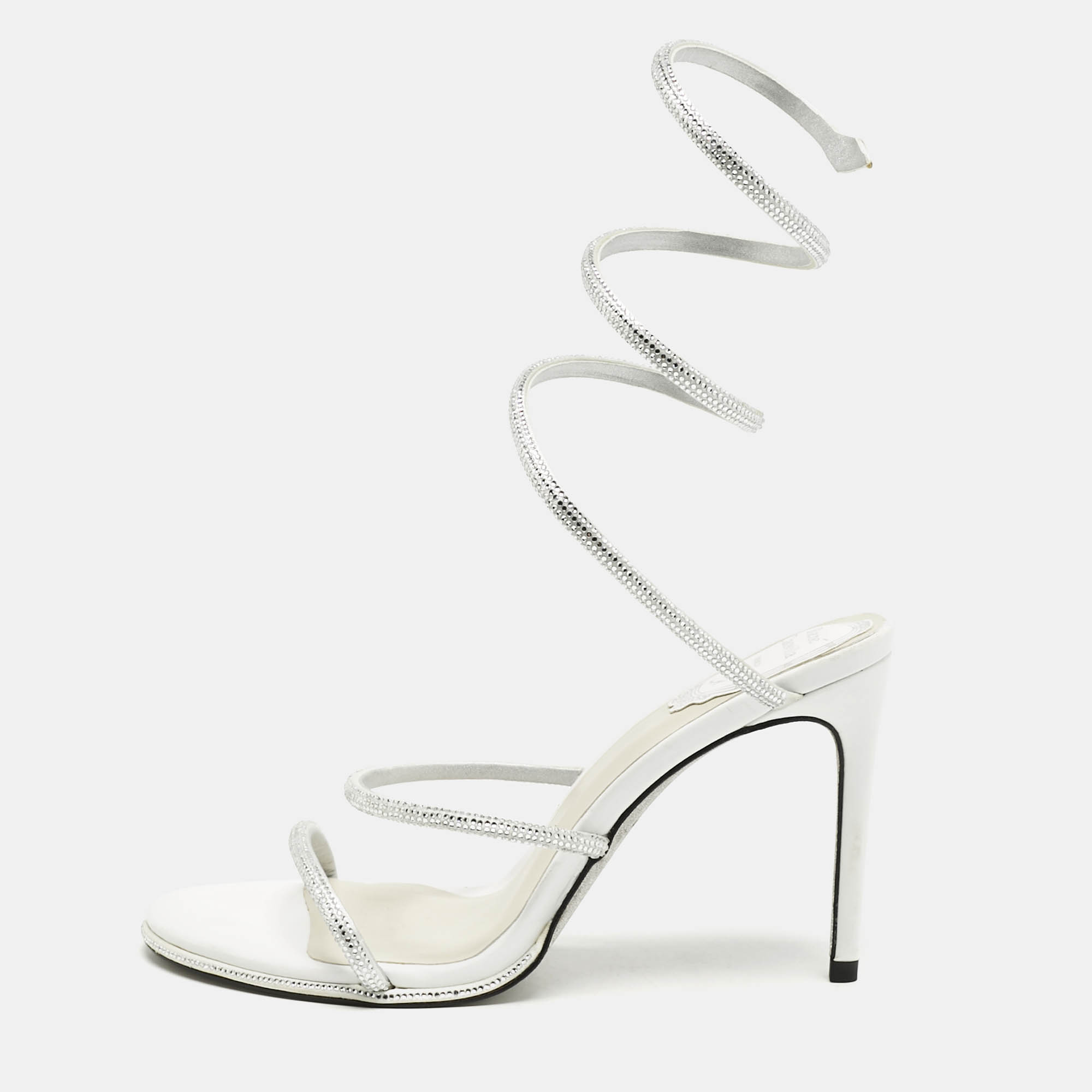

René Caovilla Silver Satin Crystal Embellished Cleo Sandals Size