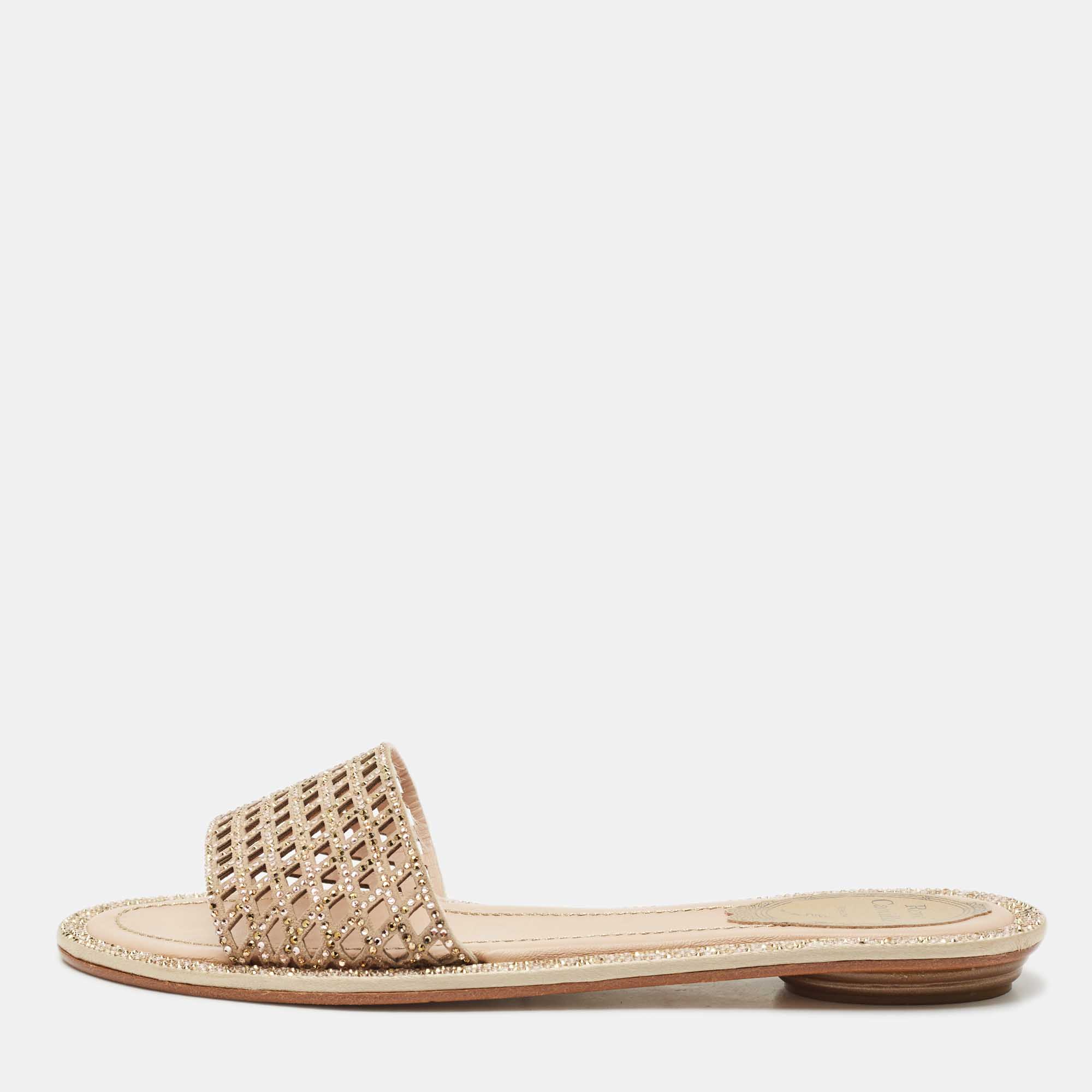 

René Caovilla Beige Suede Crystal Embellished Flat Slides Size