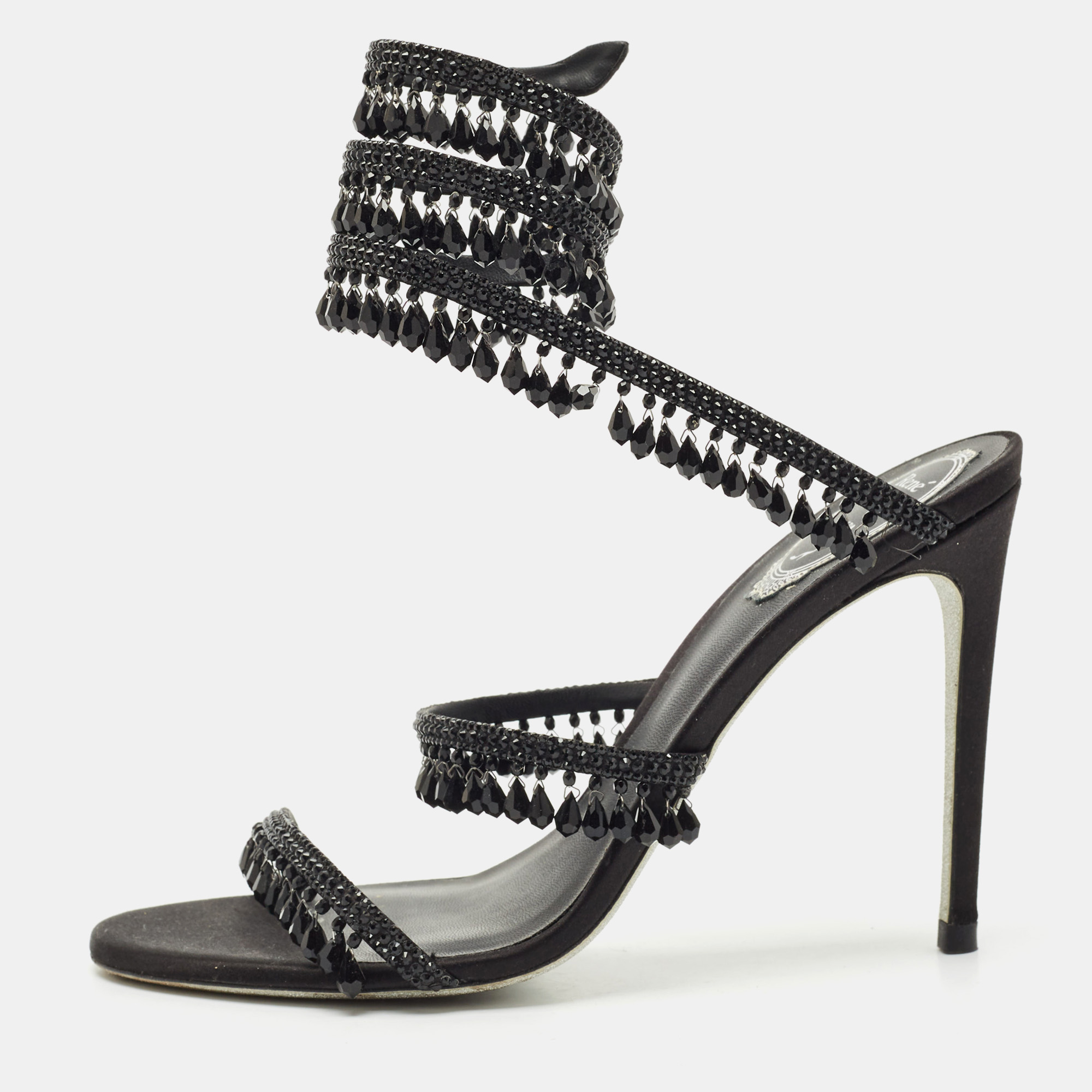 

René Caovilla Black Satin Chandelier Ankle Strap Sandals Size