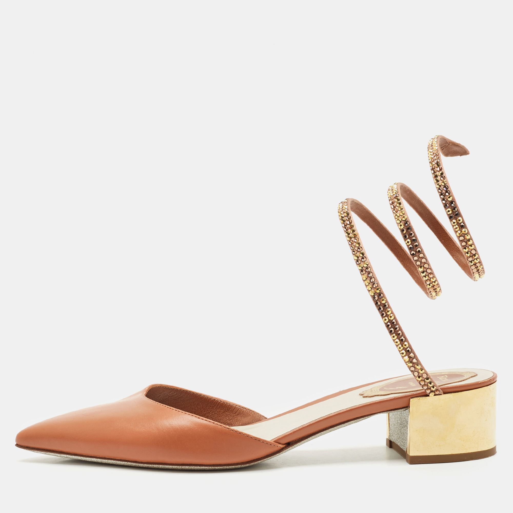 

René Caovilla Brown Leather Crystal Embellished Ankle Wrap Pumps Size