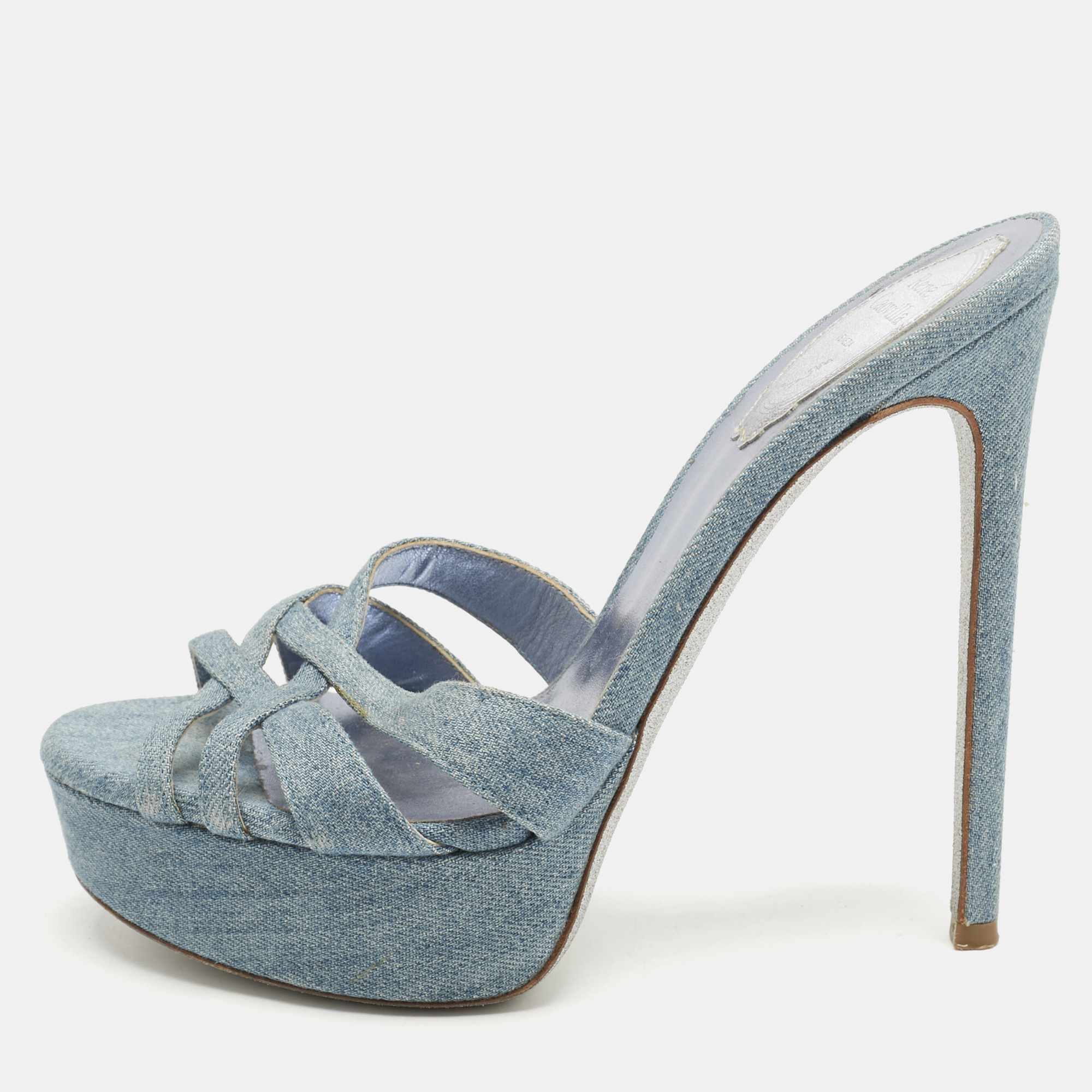 Pre-owned René Caovilla Blue Denim Strappy Platform Slide Sandals Size 37