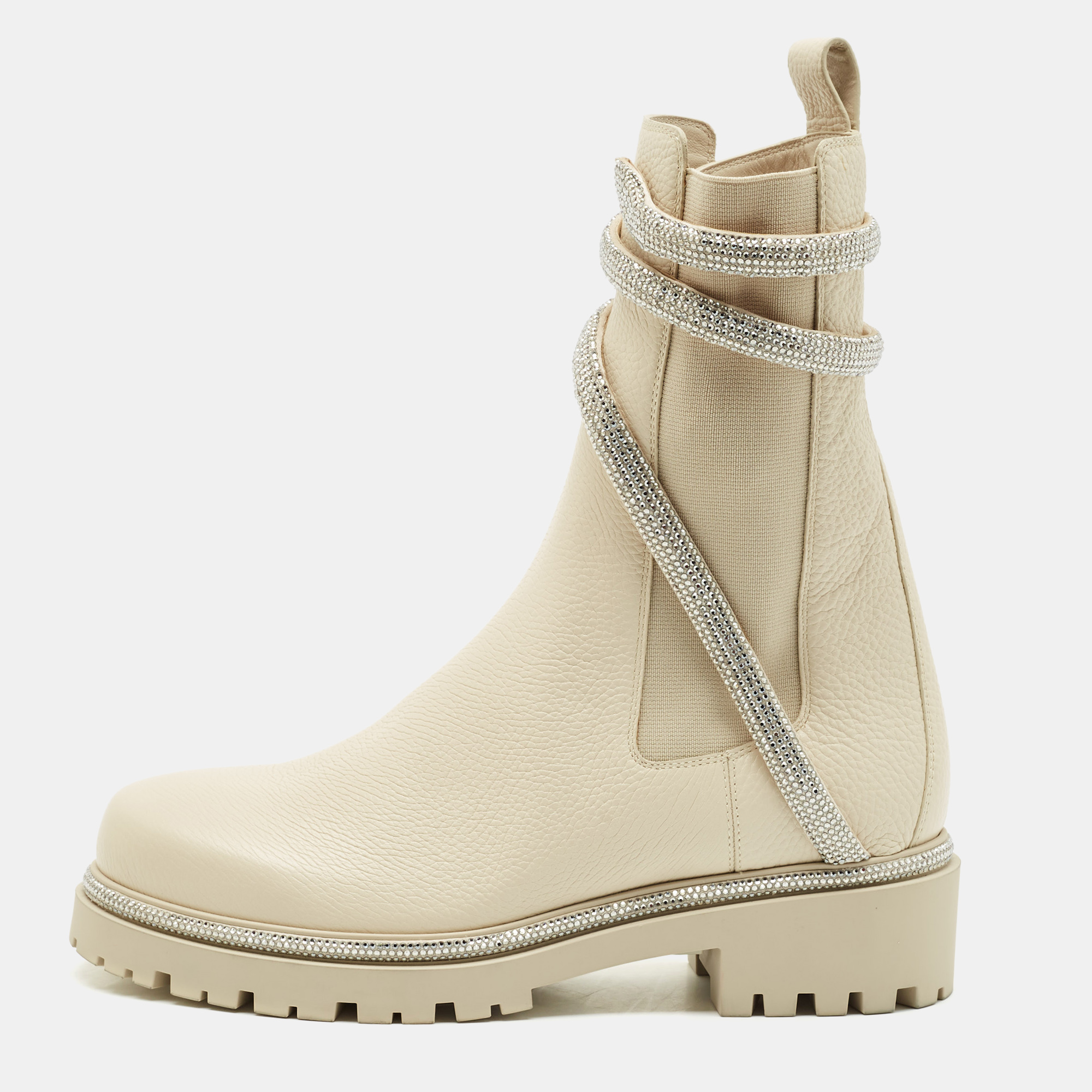 

René Caovilla Ivory Leather Cleo Ankle Length Boots Size, White