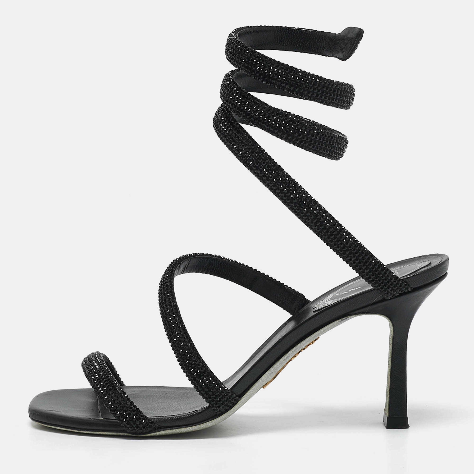 

René Caovilla Black Satin Crystal Embellished Cleo Sandals Size