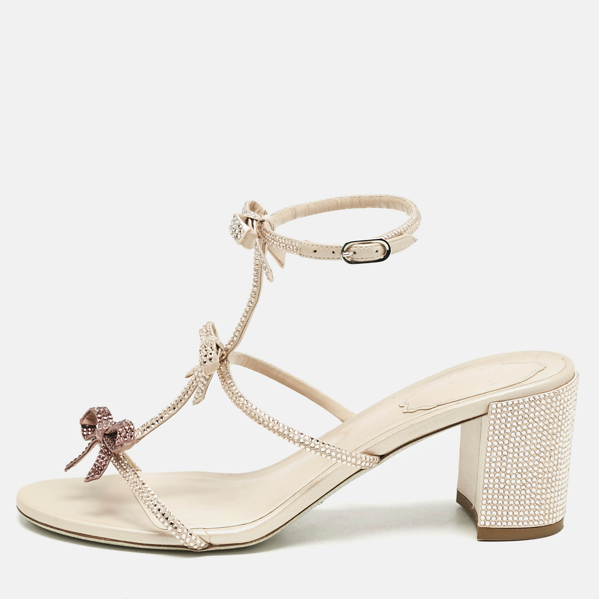 

René Caovilla Pink Crystal Embellished Satin Sandals Size