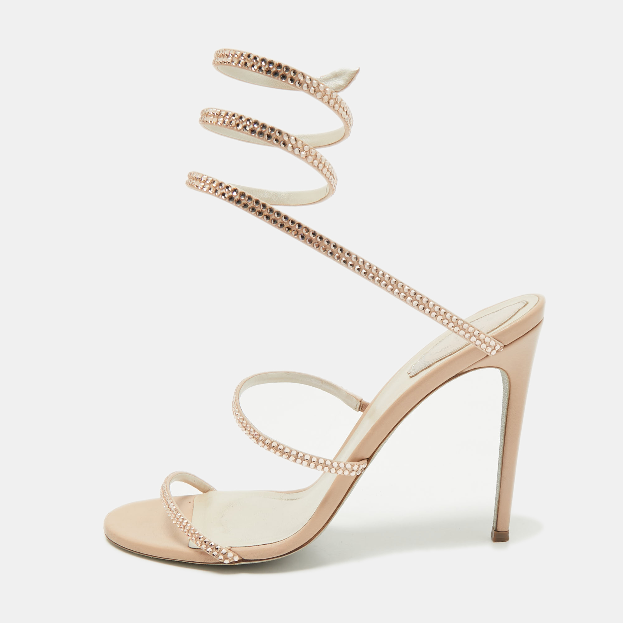 

René Caovilla Beige Leather Crystal Embellished Cleo Sandals Size