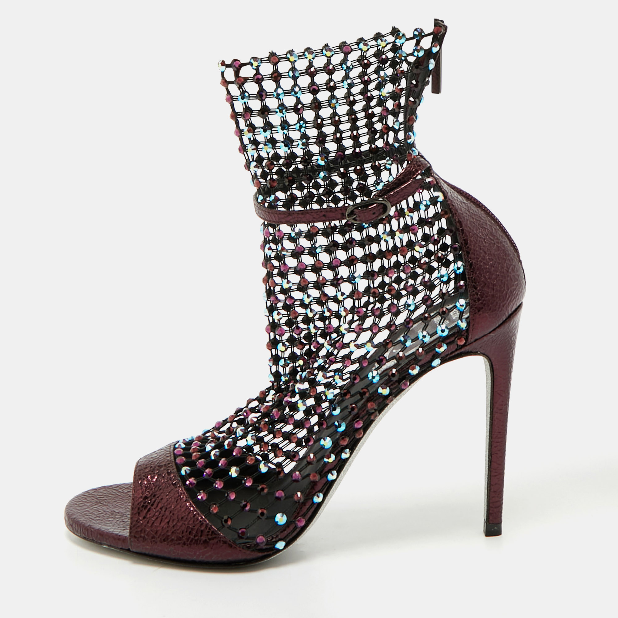 

Rene Caovilla Metalic Purple Texture Leather And Lace Crystal Embellished Galaxia Booties Size