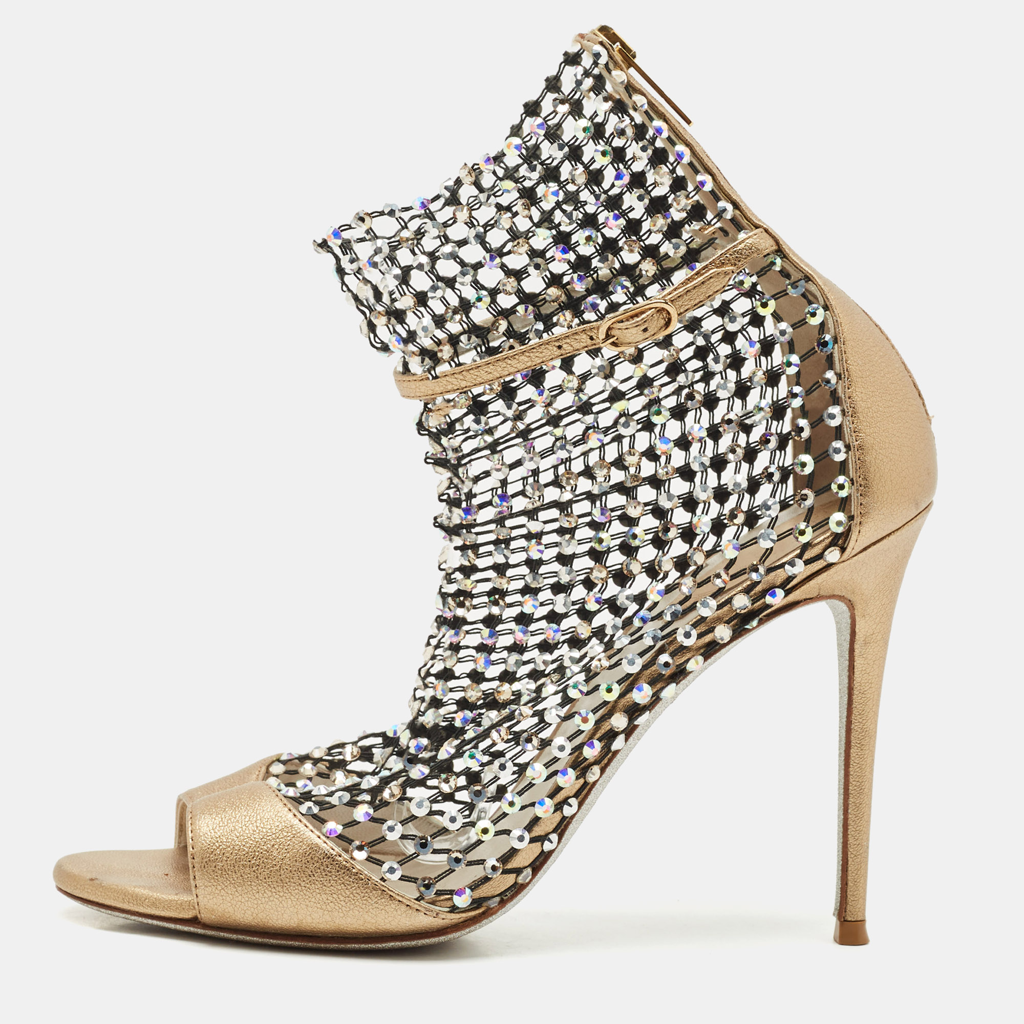 

Rene Caovilla Gold/Black Mesh and Leather Crystal Embellished Galaxia Boots Size