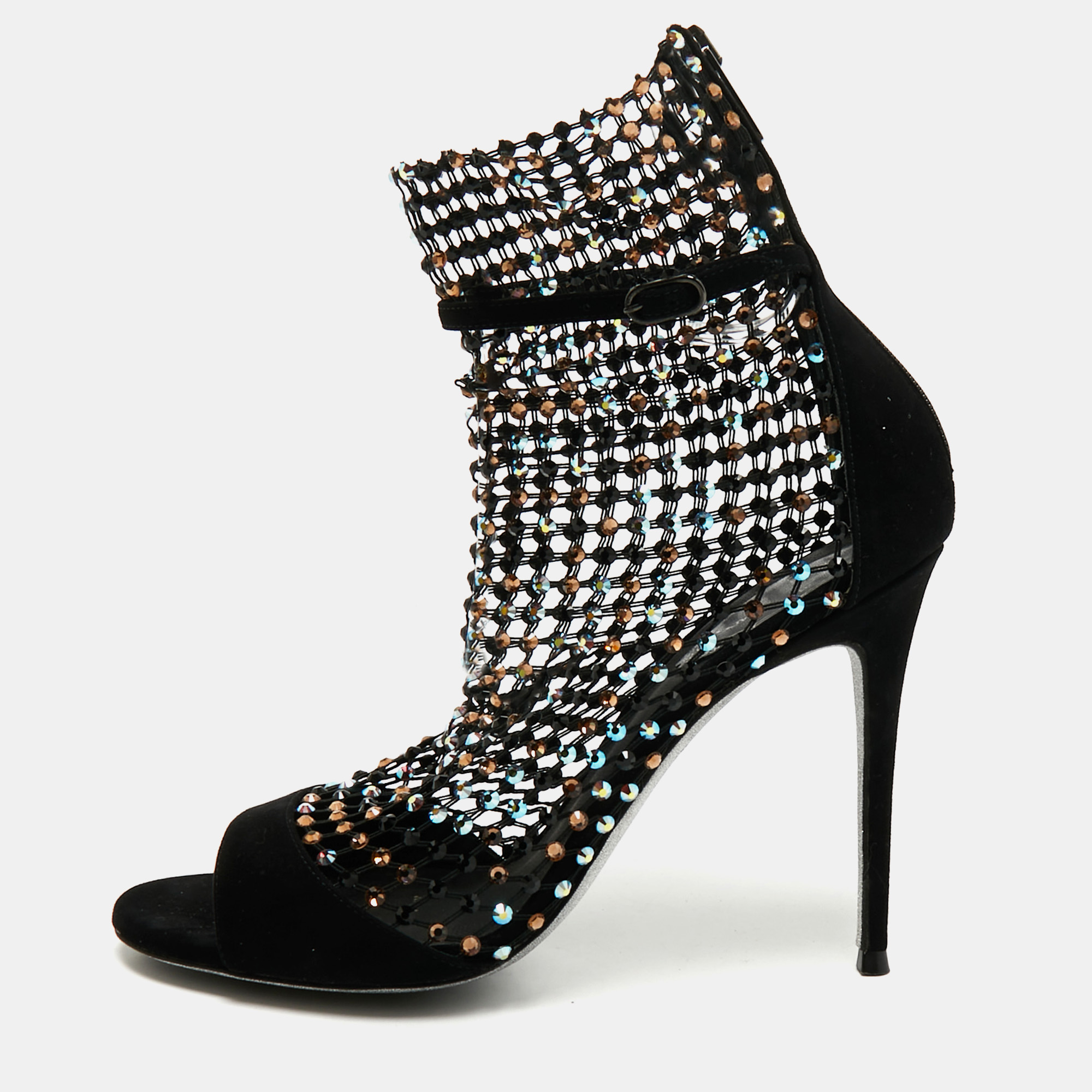 Pre-owned René Caovilla Black Mesh And Suede Ankle Length Galaxia Boots Size 38