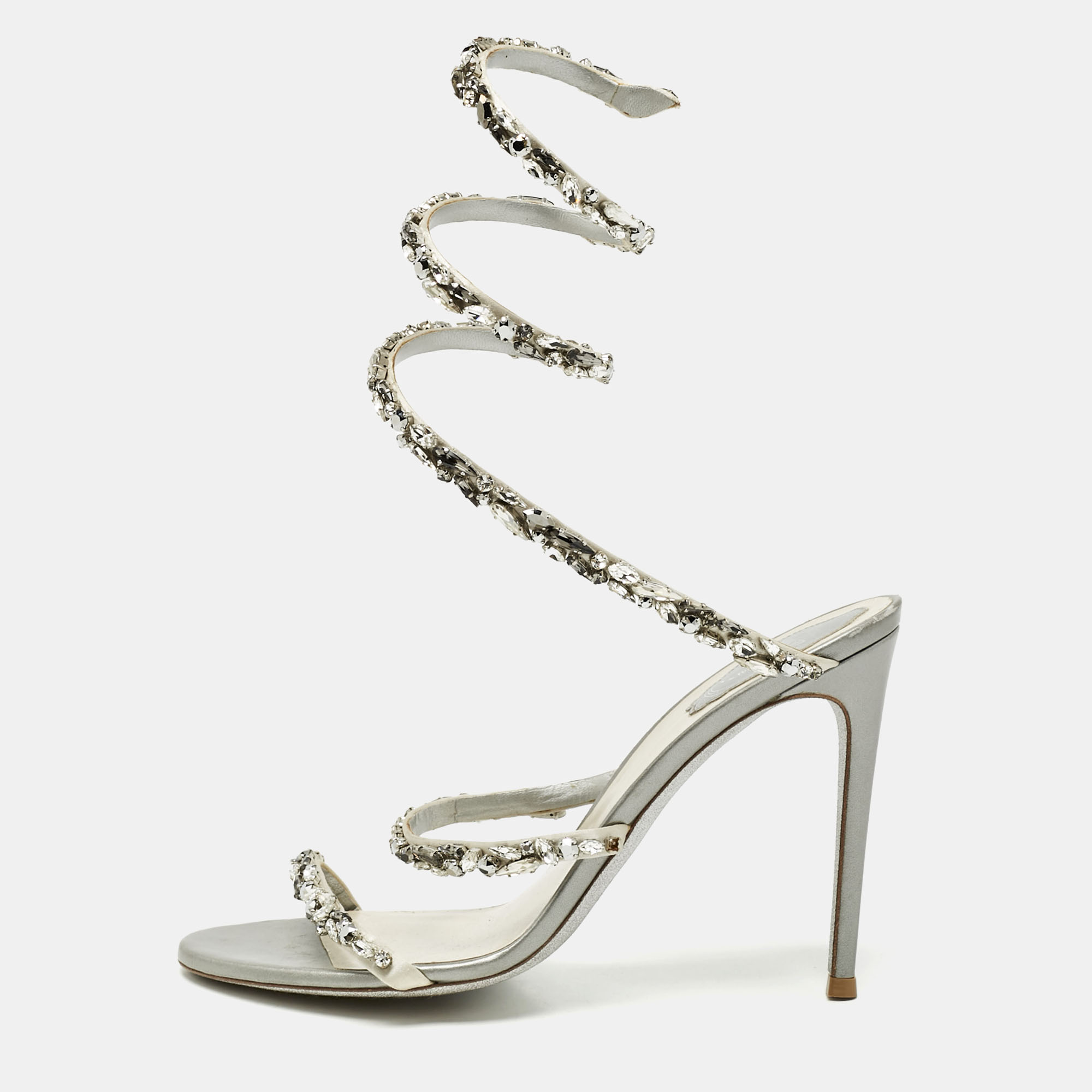 

René Caovilla Silver Leather Crystal Cleo Ankle Strap Sandals Size