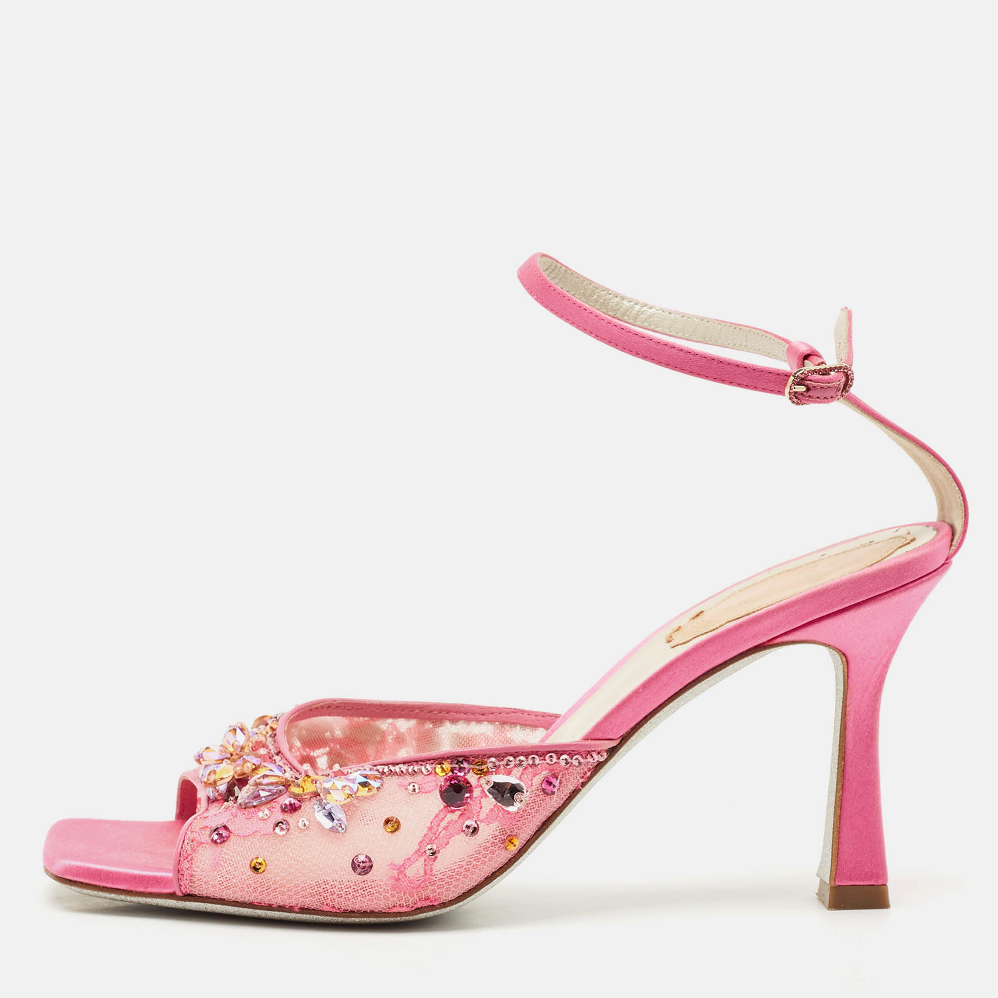 

René Caovilla Pink Lace Crystal Embellished Ankle Strap Sandals Size
