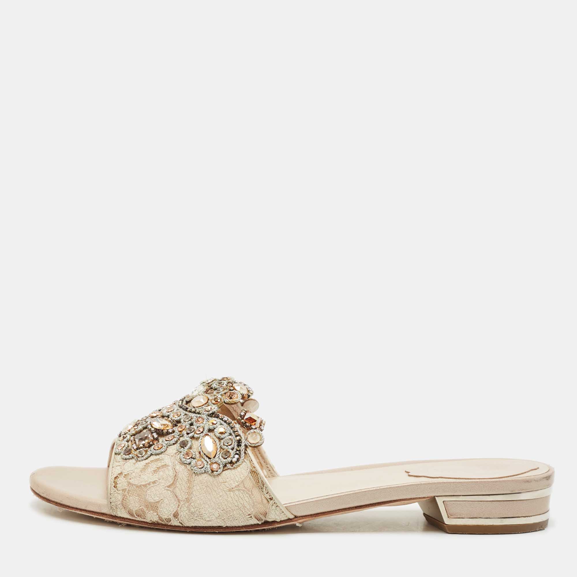 Pre-owned René Caovilla Beige Lace Crystals Embellished Flat Slides Size 39 In Sand