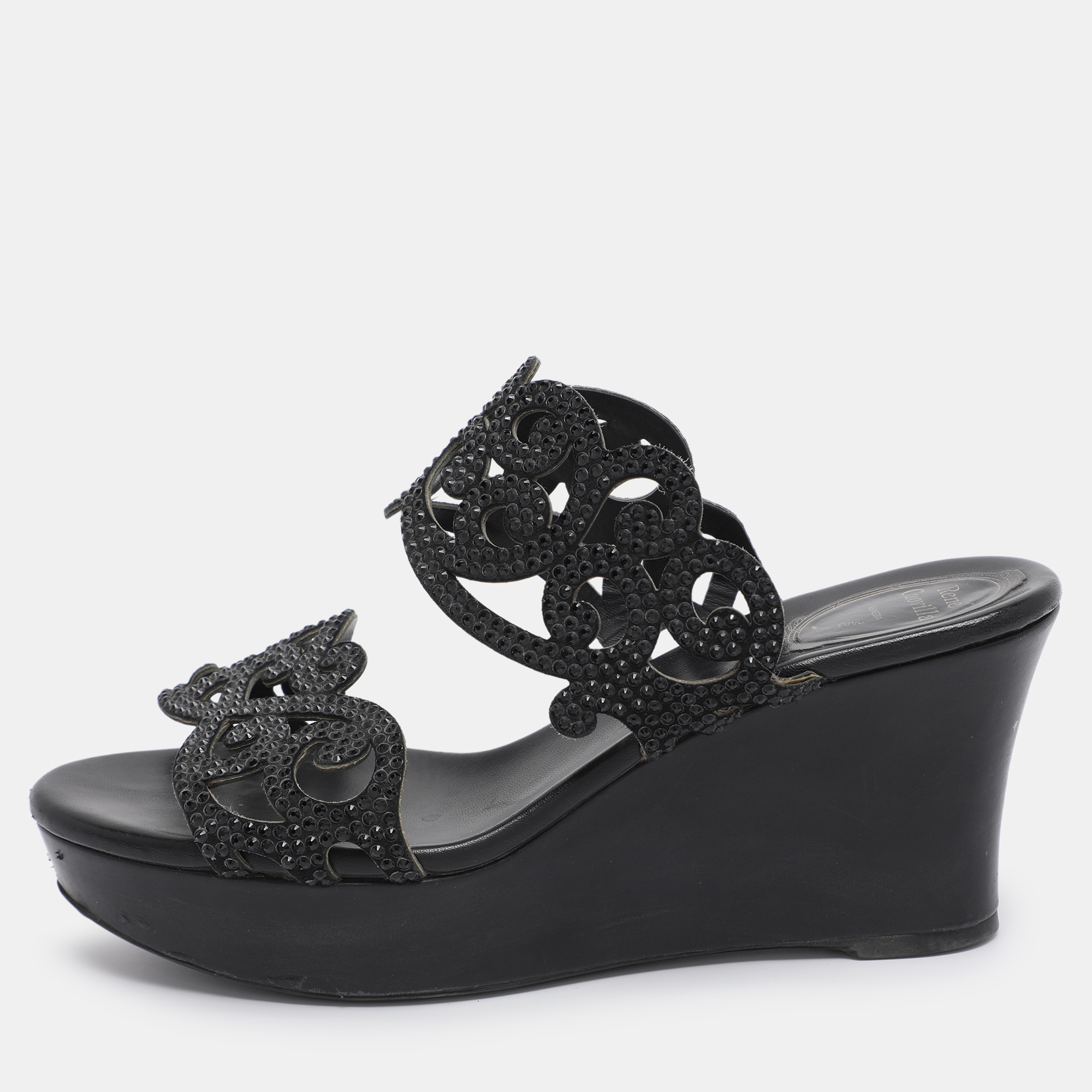 

René Caovilla Black Rhinestone Embellished Suede Wedge Sandal Size 37