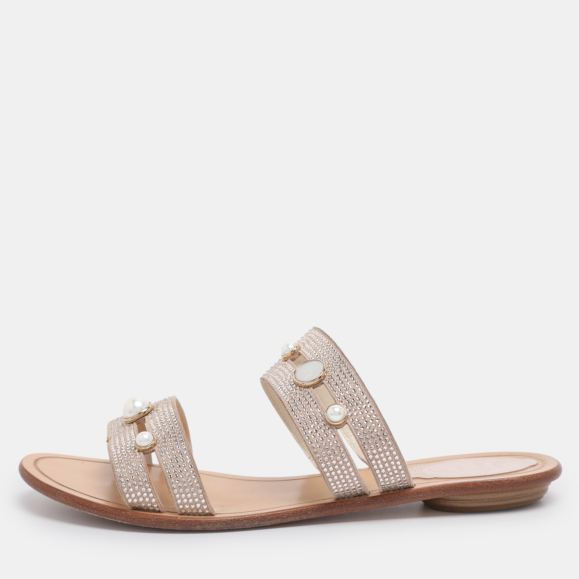 

René Caovilla Beige Suede Crystal Embellished Slide Flat Sandals Size 38