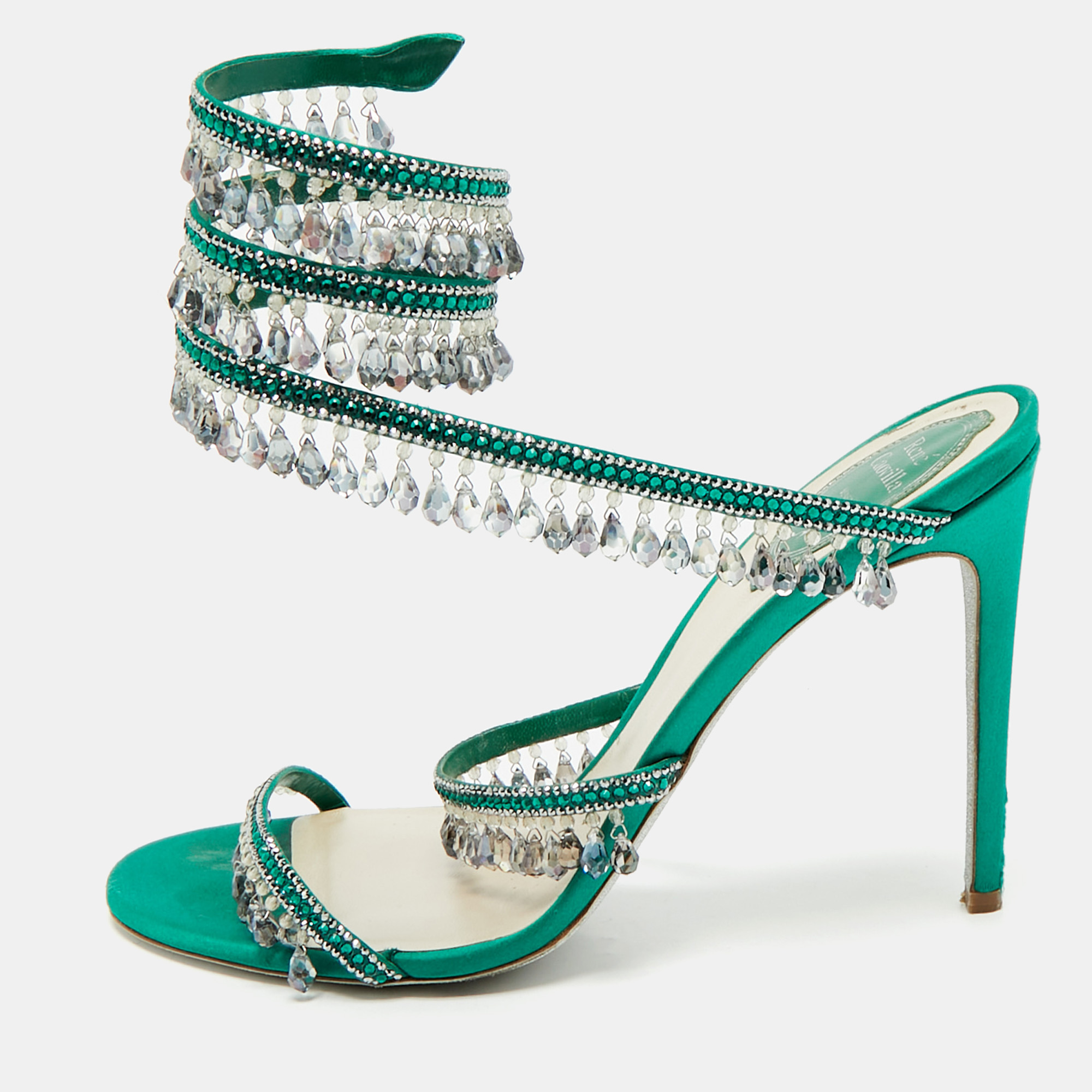 

René Caovilla Green Satin Crystal Embellished Cleo Sandals Size