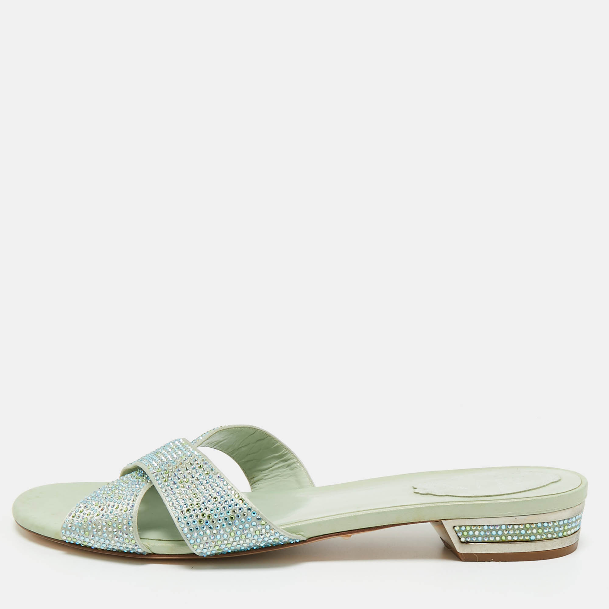 Pre-owned René Caovilla Blue Satin Crystal Embellished Flat Slides Size 41