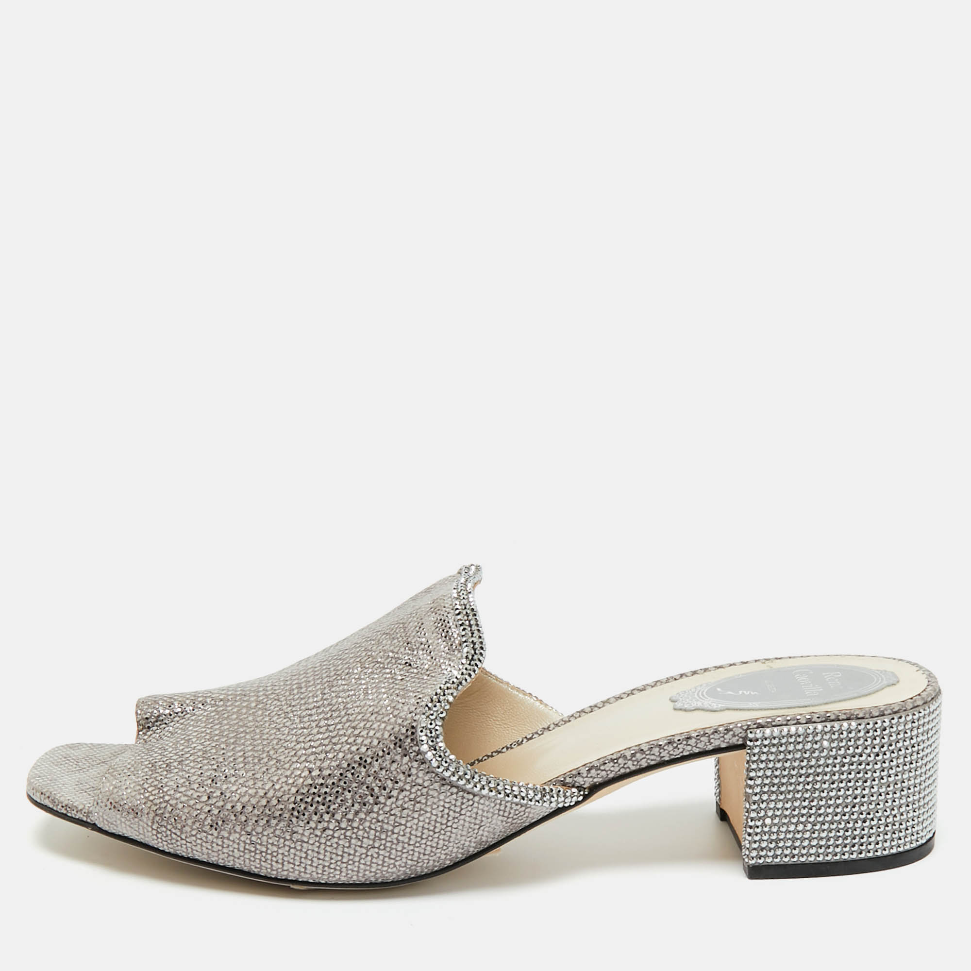 Pre-owned René Caovilla Grey//silver Texture Leather Crystal Embellished Mules Size 41 In Gray