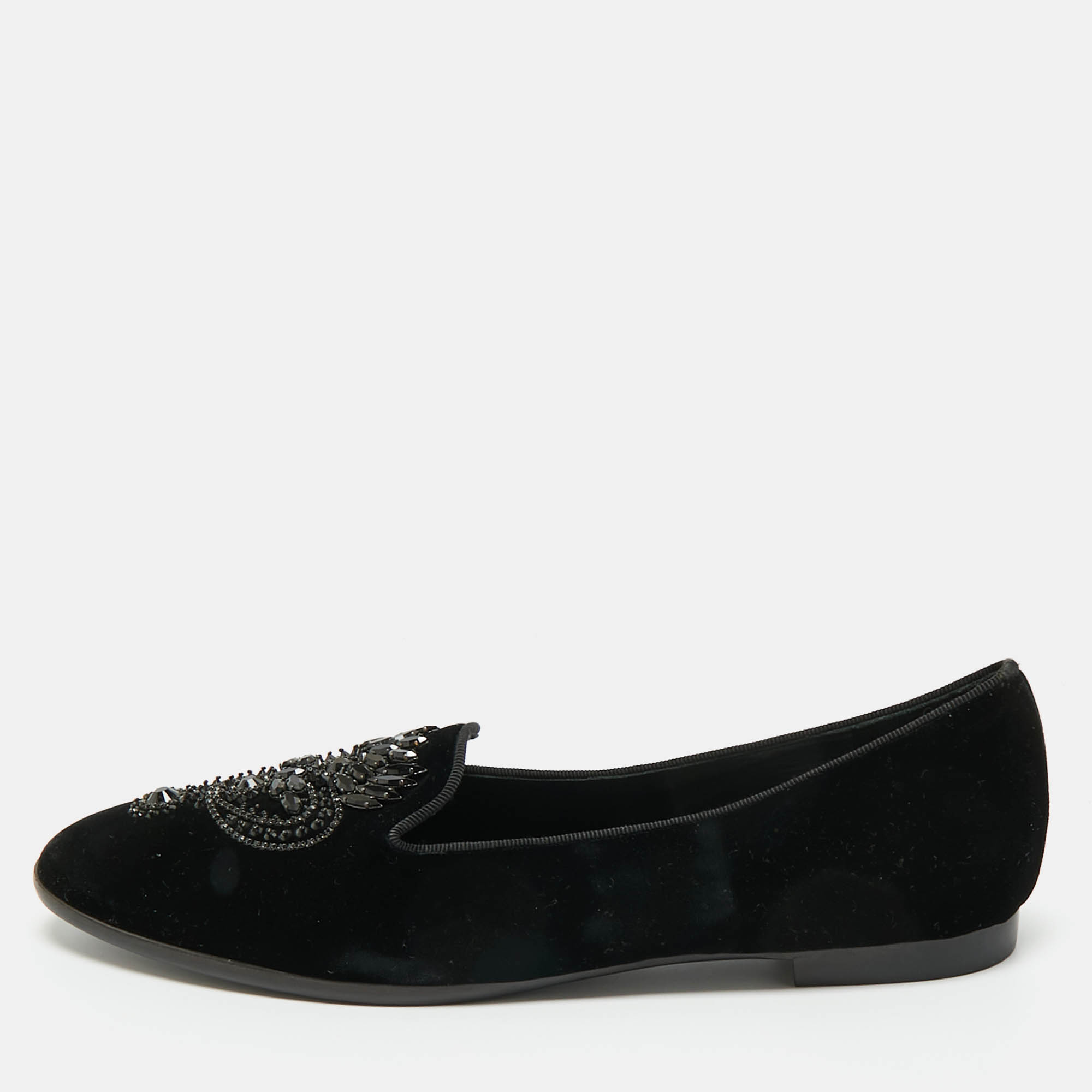 

René Caovilla Black Velvet Crystal Embellished Slip On Smoking Slippers Size