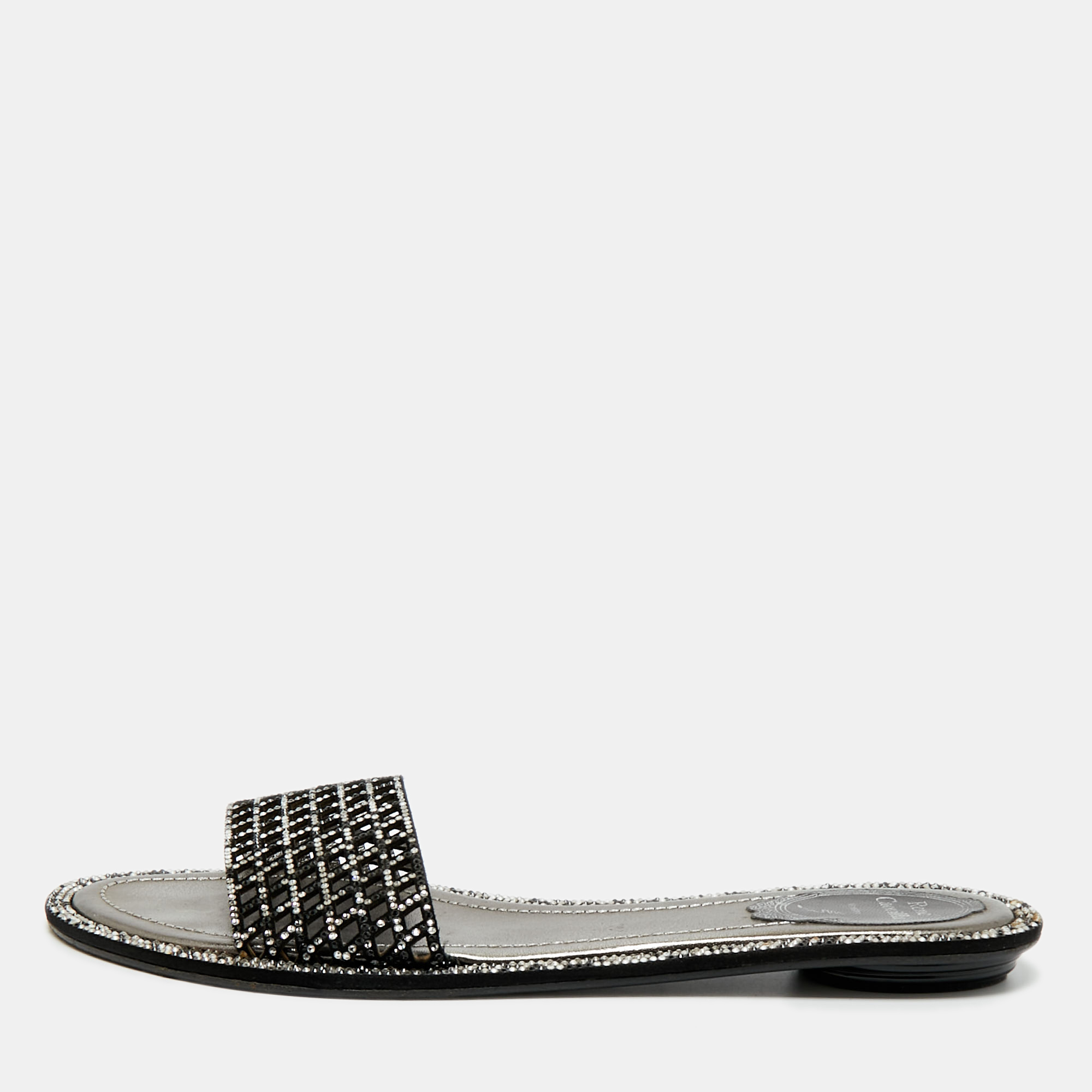 Pre-owned René Caovilla Black Leather Crystal Embellished Flat Slides Size 41