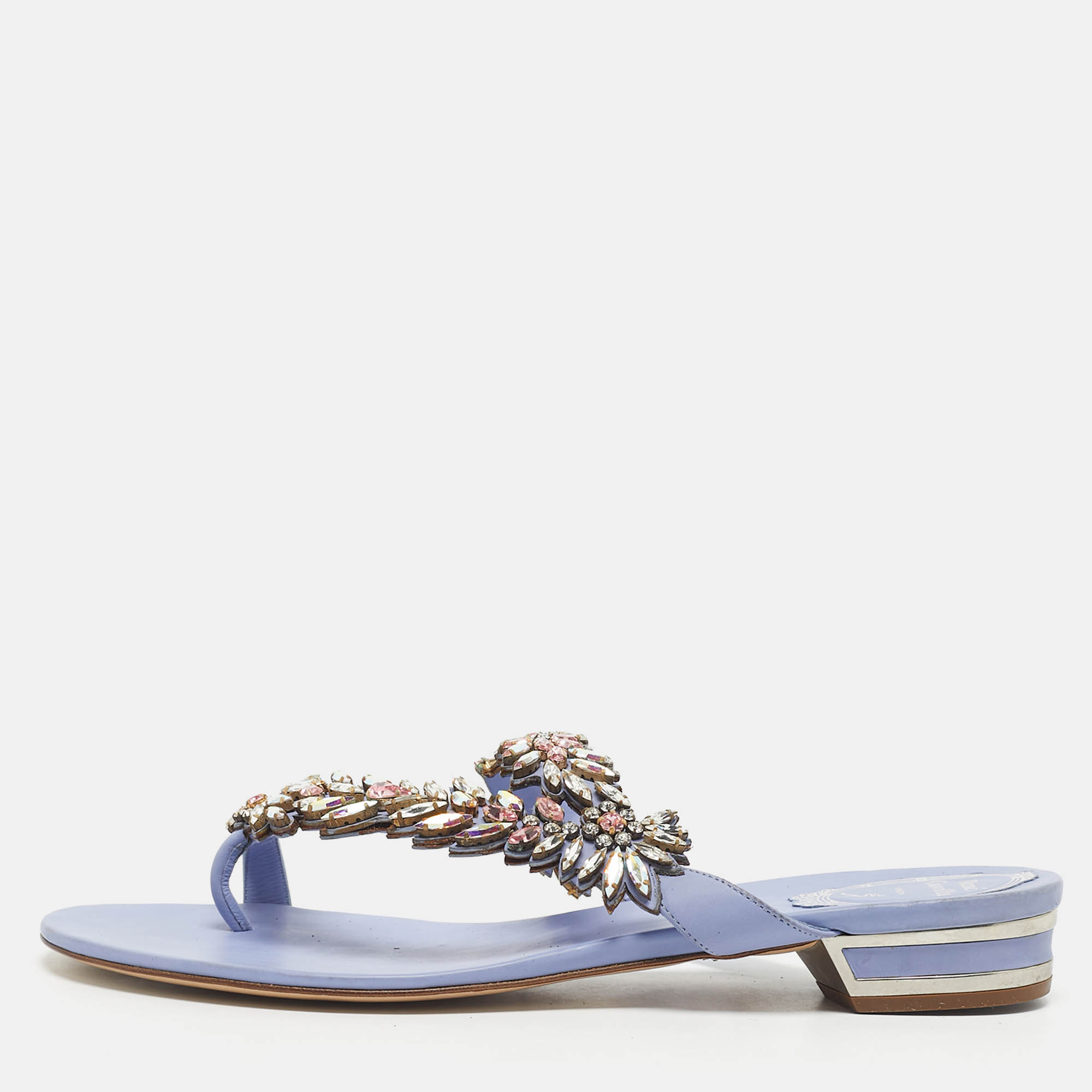Pre-owned René Caovilla Blue Leather Crystal Embellished Flat Slides Size 41