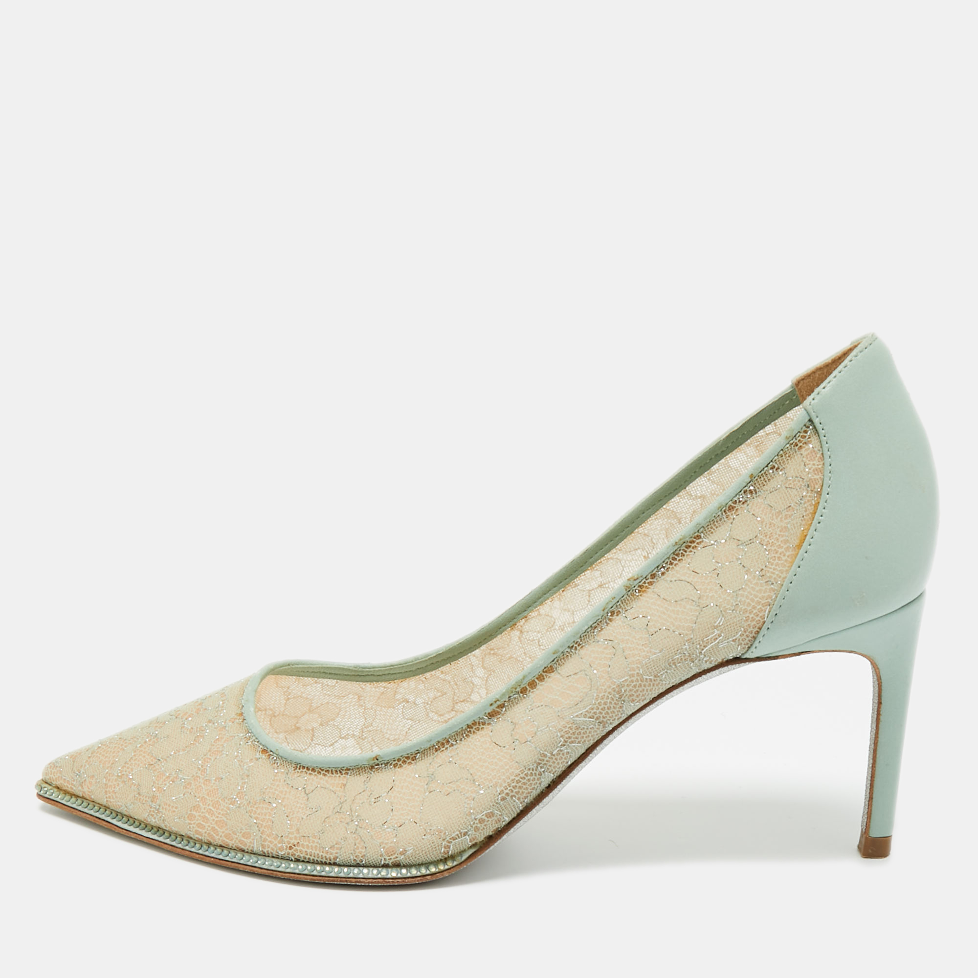 Pre-owned René Caovilla Blue/beige Lace And Leather Pointed Toe Pumps Size 35.5